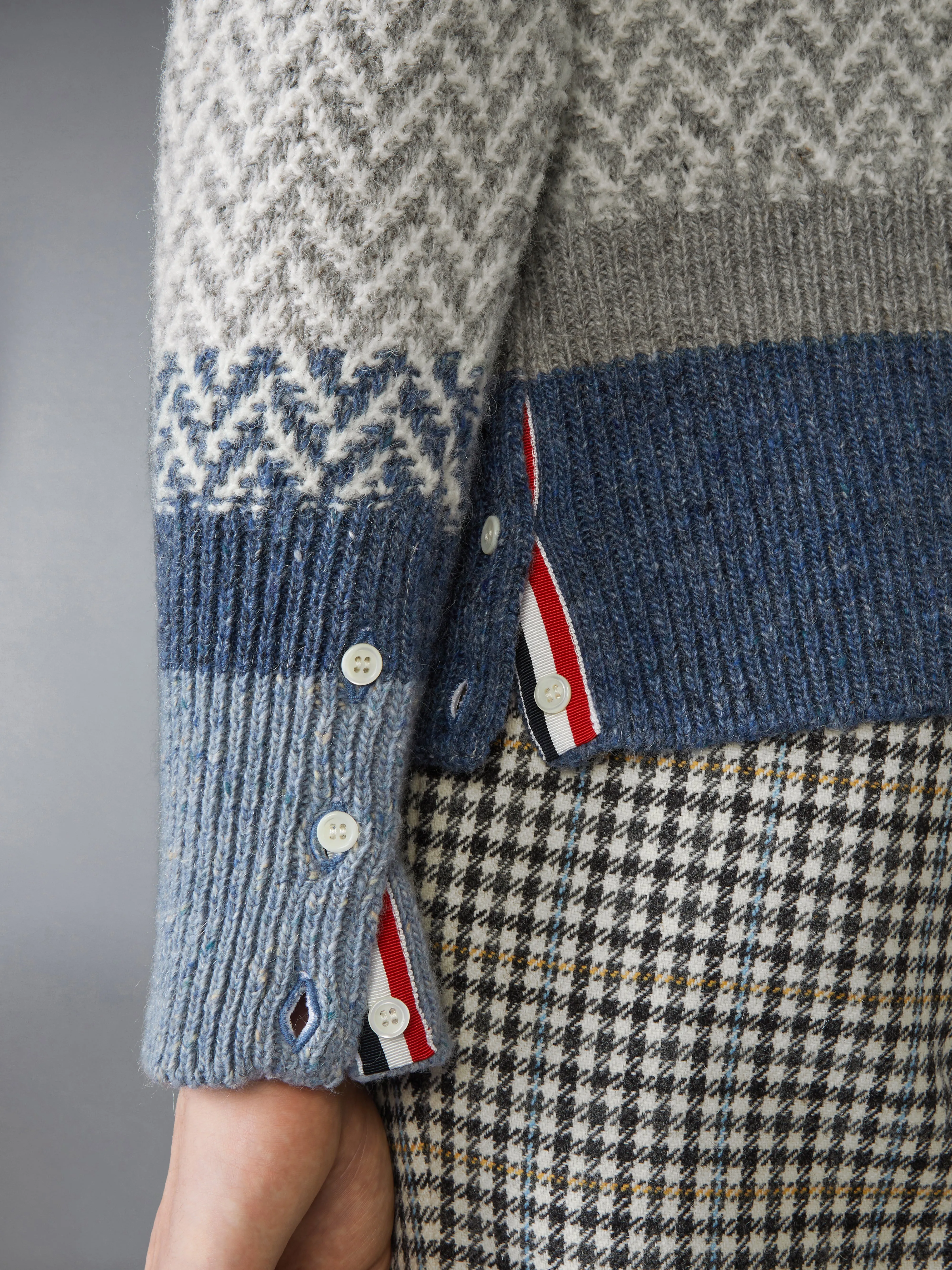 DONEGAL AND CUSHENDALE HERRINGBONE JACQUARD V NECK CARDIGAN sold by Thom Browne product image thumbnail 4