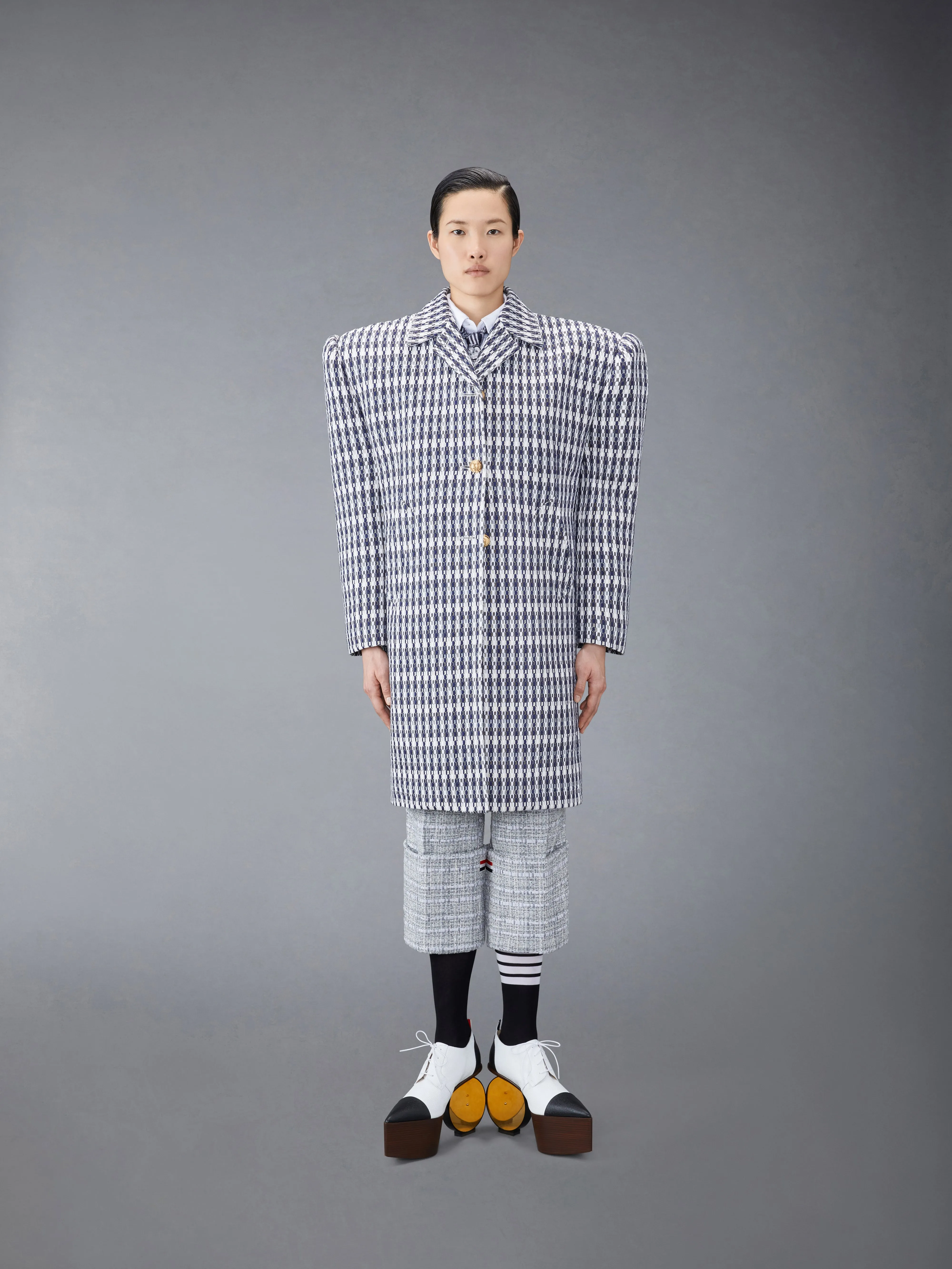 GROSGRAIN TWEED OVERSIZED BAL COLLAR OVERCOAT sold by Thom Browne