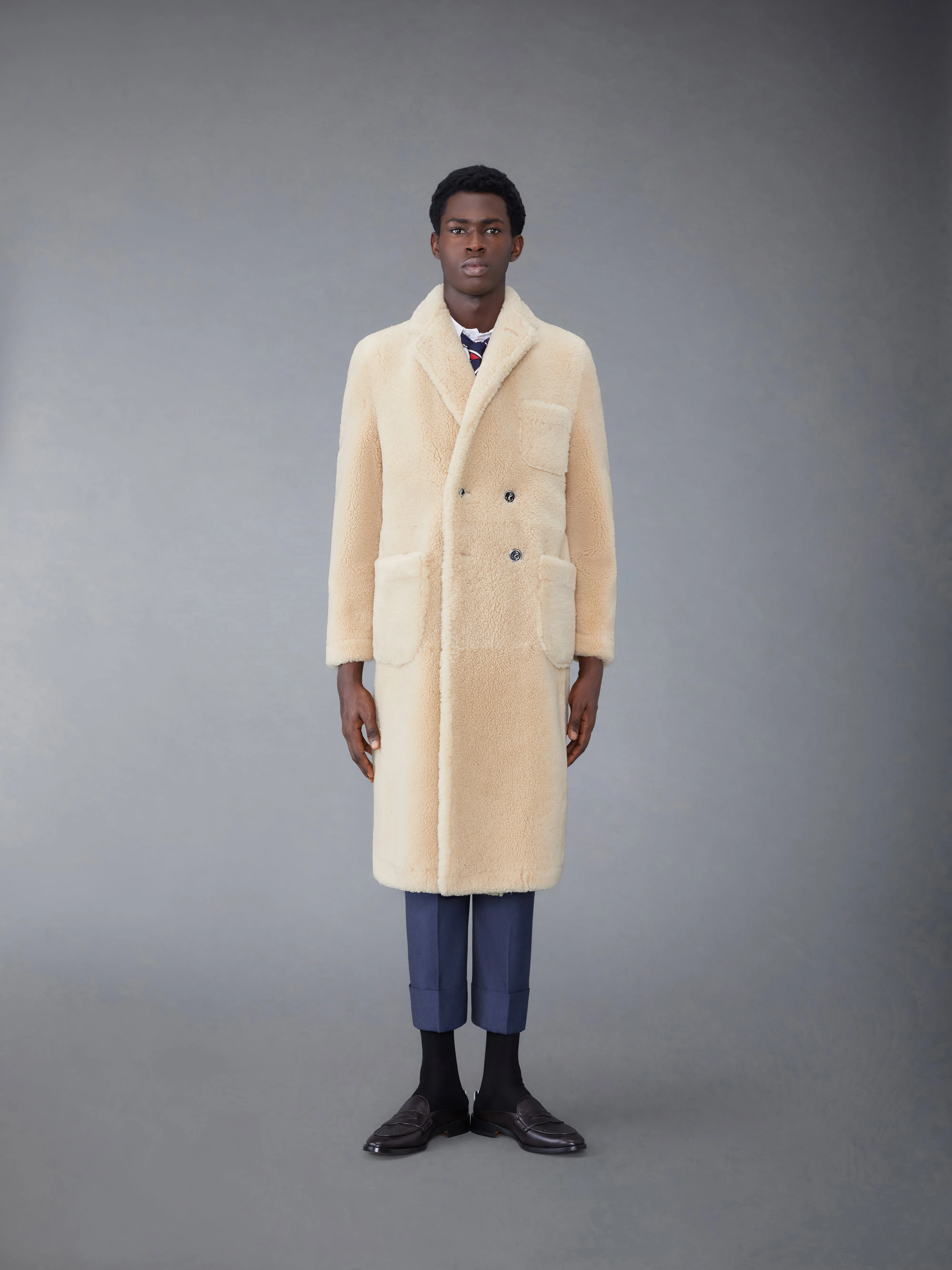 Dyed Shearling Double Breasted Sack Overcoat sold by Thom Browne