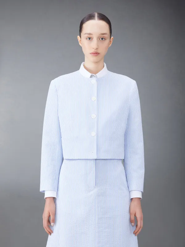 SEERSUCKER BOX PLEAT CARDIGAN JACKET sold by Thom Browne