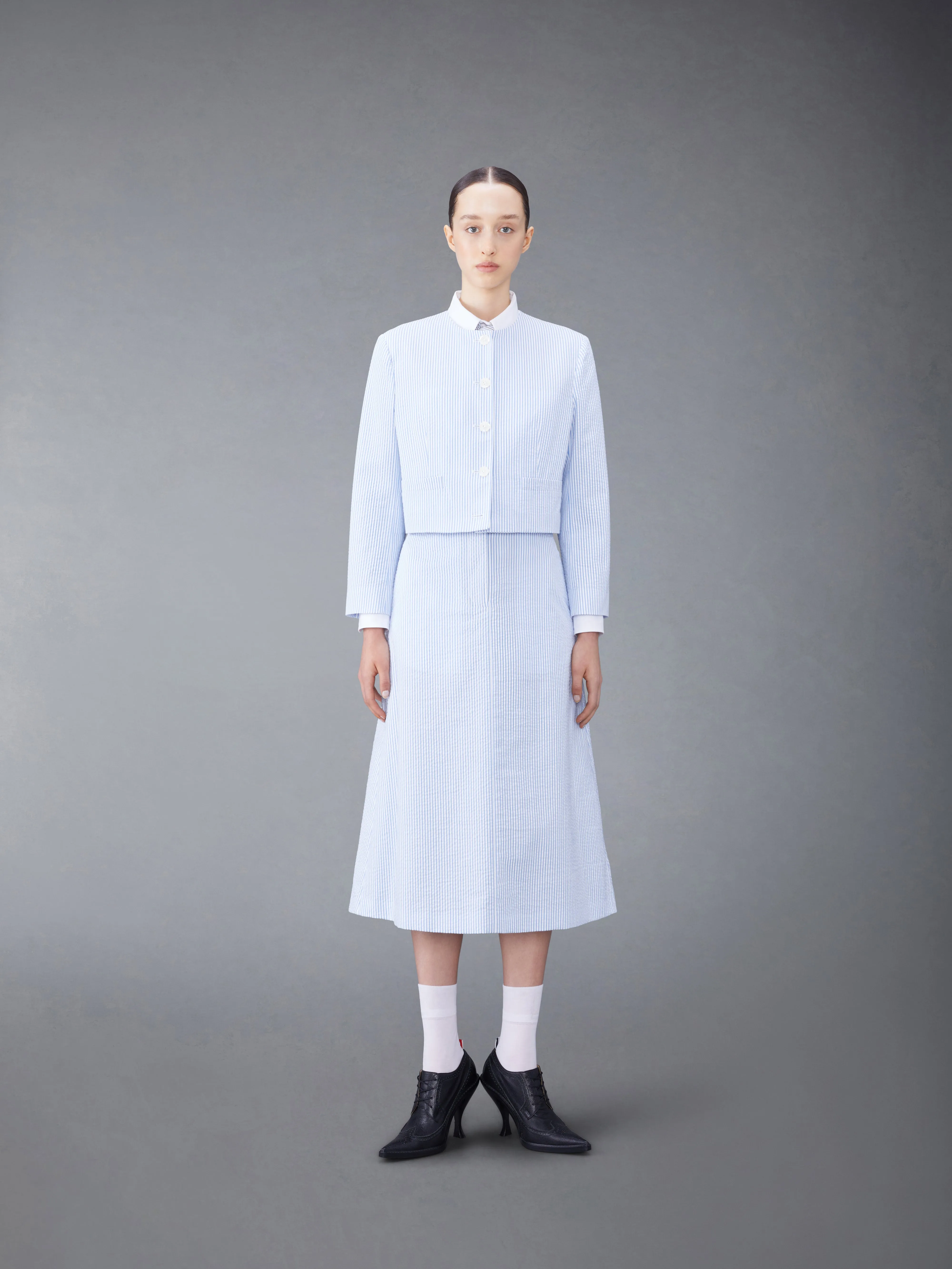 SEERSUCKER BOX PLEAT CARDIGAN JACKET sold by Thom Browne product image thumbnail 3