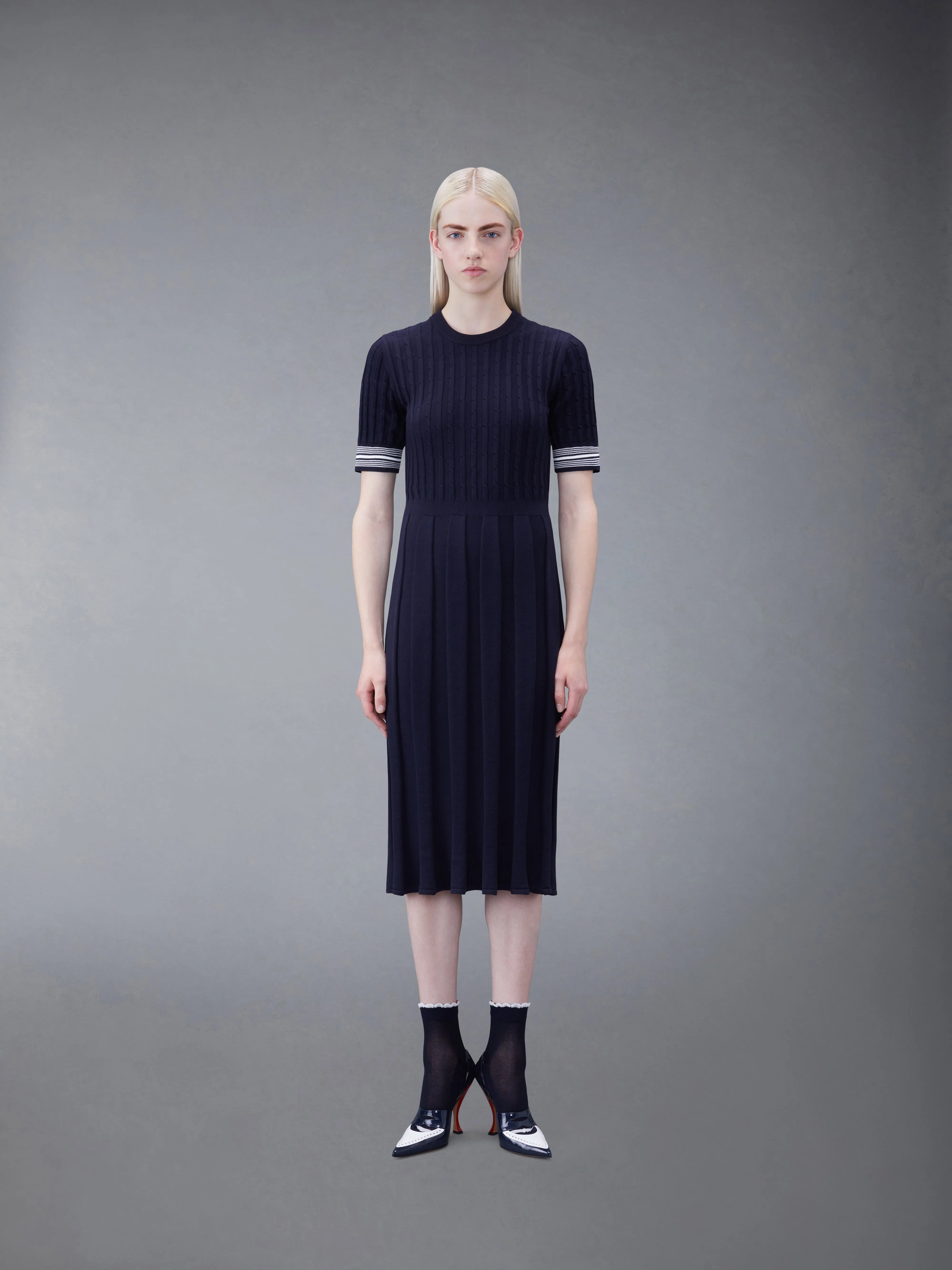 COTTON PLEATED CRICKET STRIPED CABLE DRESS sold by Thom Browne