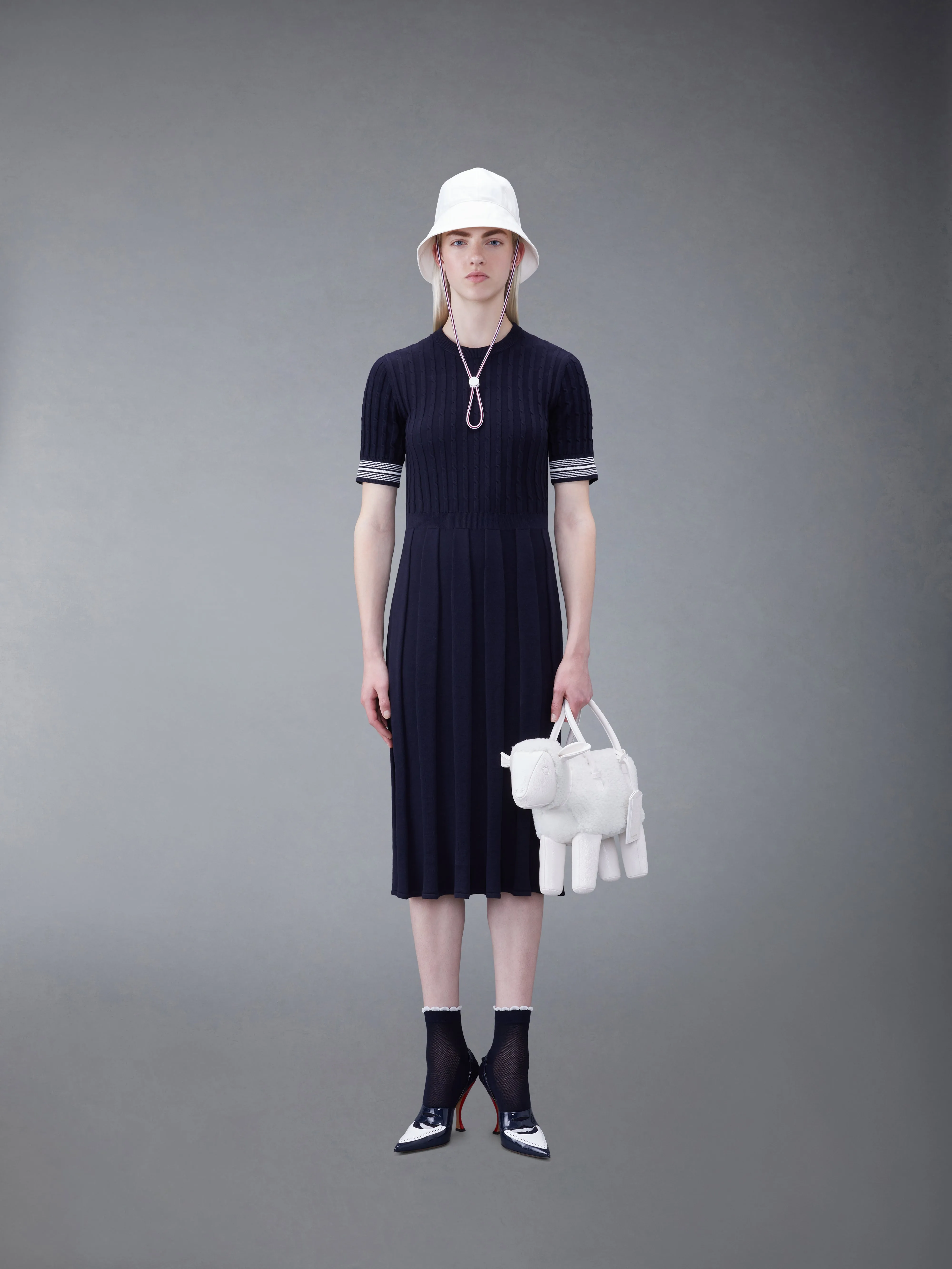 COTTON PLEATED CRICKET STRIPED CABLE DRESS sold by Thom Browne product image thumbnail 4