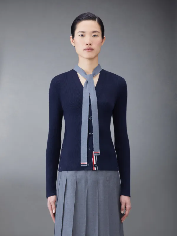 Wool Silk Rib Stripe Neck Tie V-neck Cardigan sold by Thom Browne