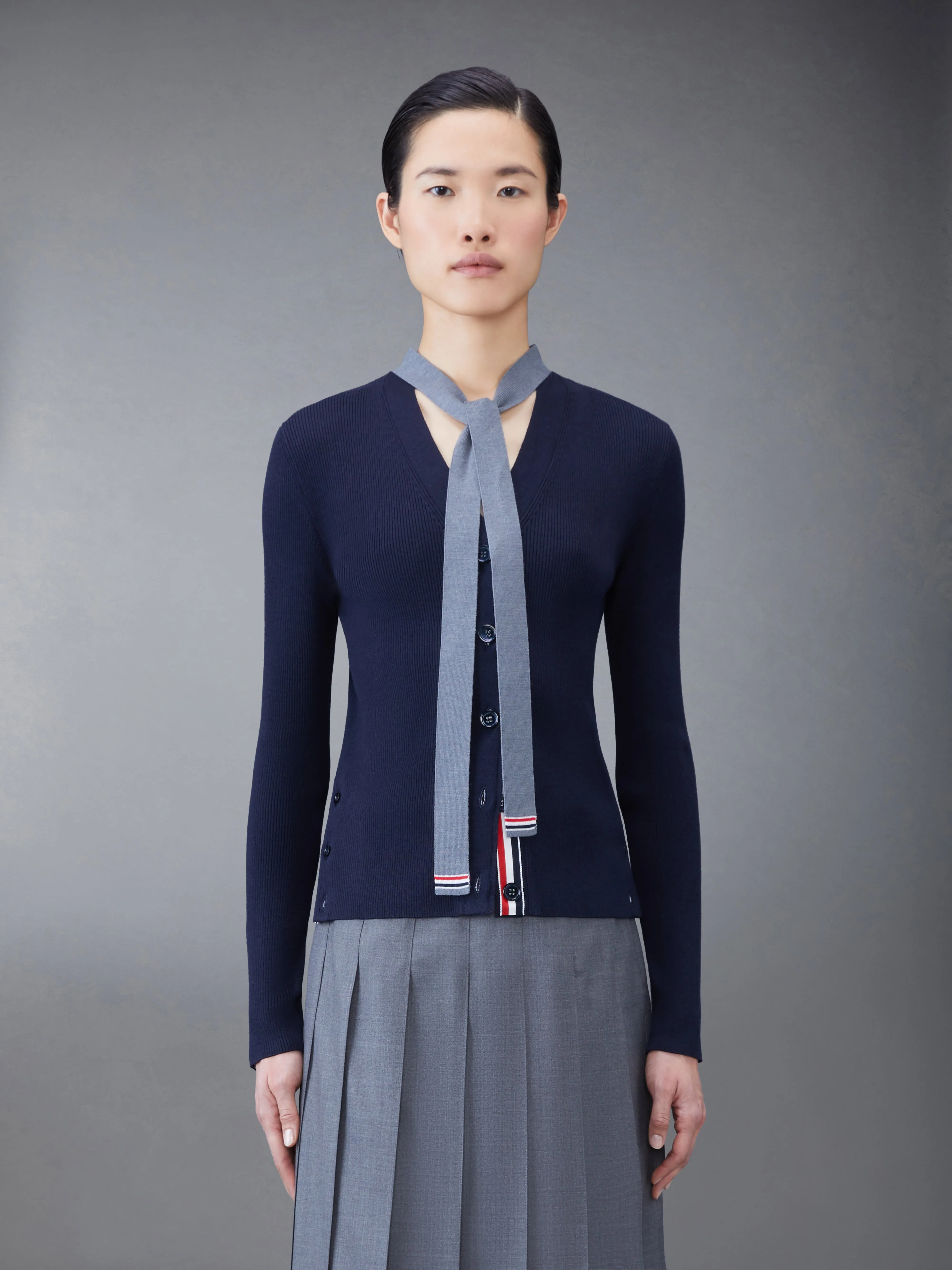 Wool Silk Rib Stripe Neck Tie V-neck Cardigan sold by Thom Browne