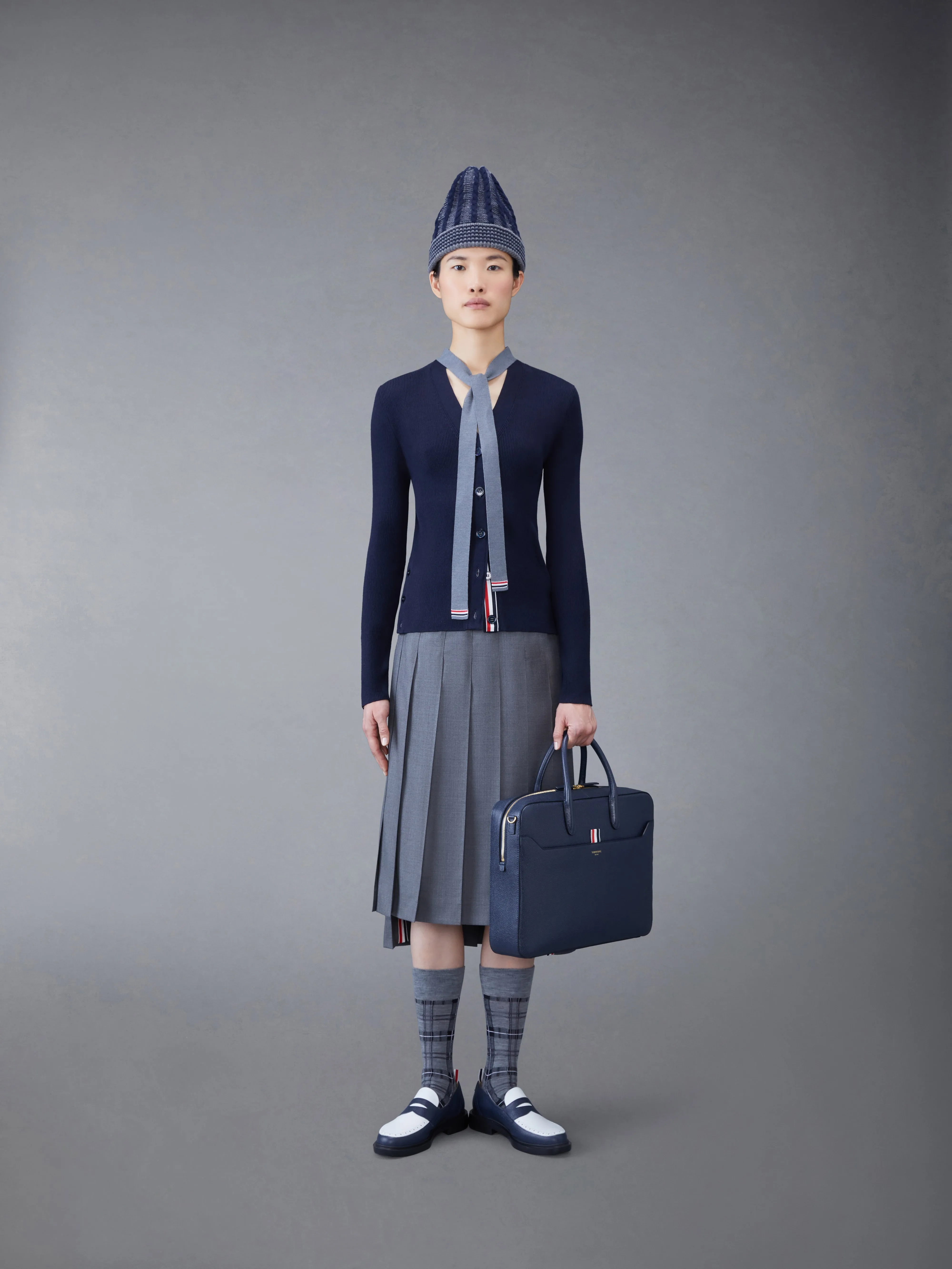 Wool Silk Rib Stripe Neck Tie V-neck Cardigan sold by Thom Browne product image thumbnail 4