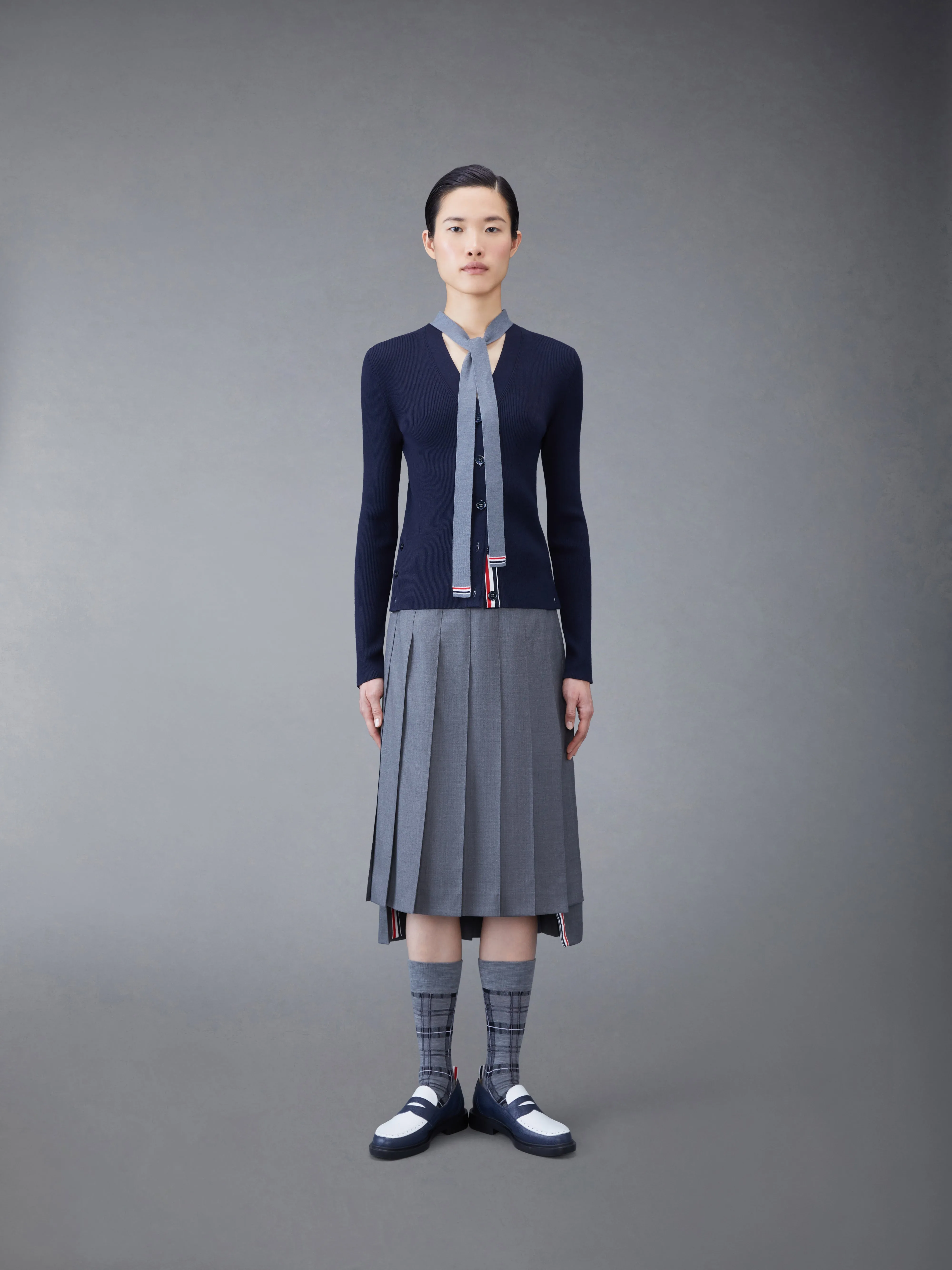 Wool Silk Rib Stripe Neck Tie V-neck Cardigan sold by Thom Browne product image thumbnail 3