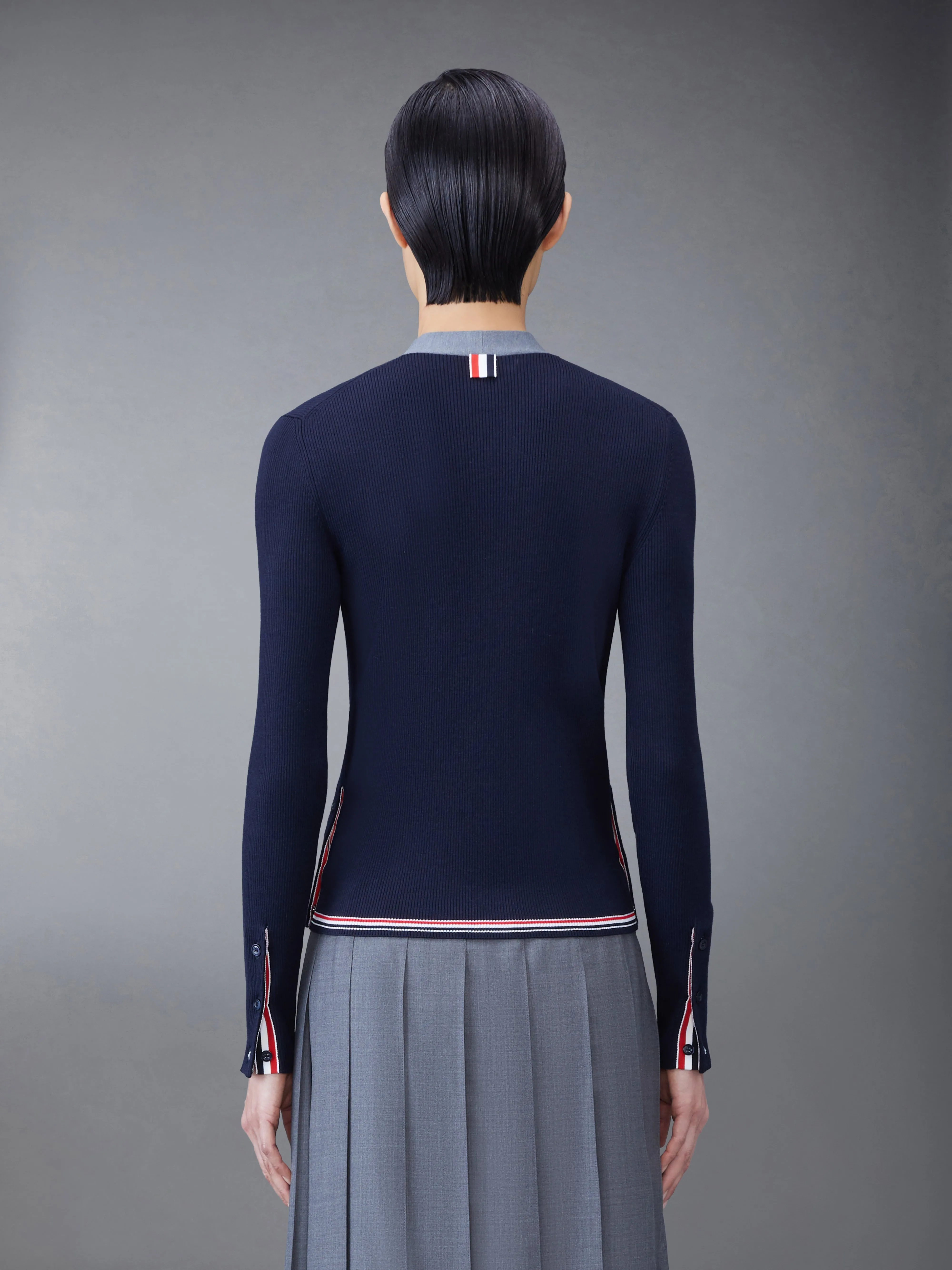 Wool Silk Rib Stripe Neck Tie V-neck Cardigan sold by Thom Browne product image thumbnail 2