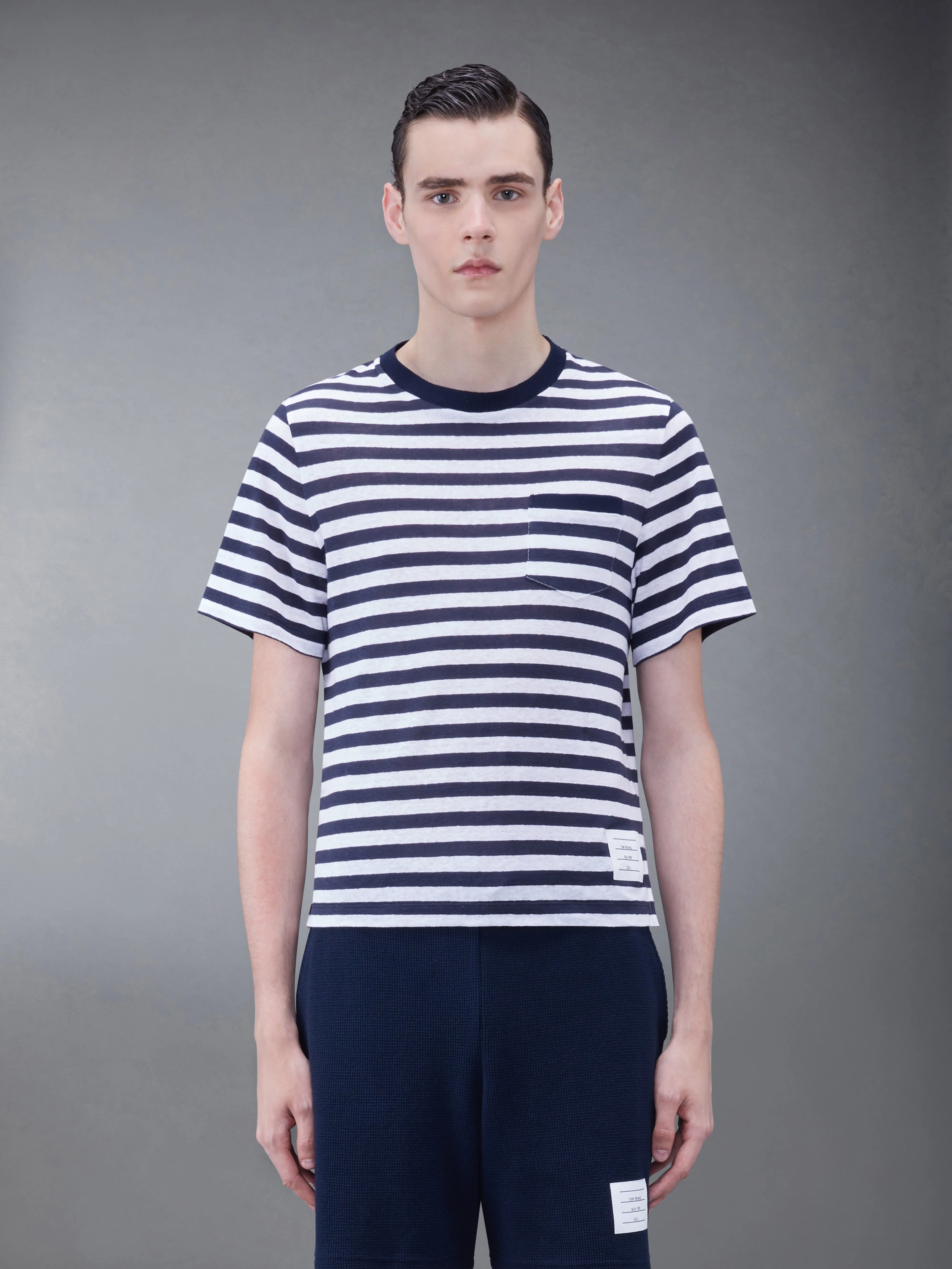 LINEN JERSEY SHORT SLEEVE STRIPED POCKET TEE sold by Thom Browne