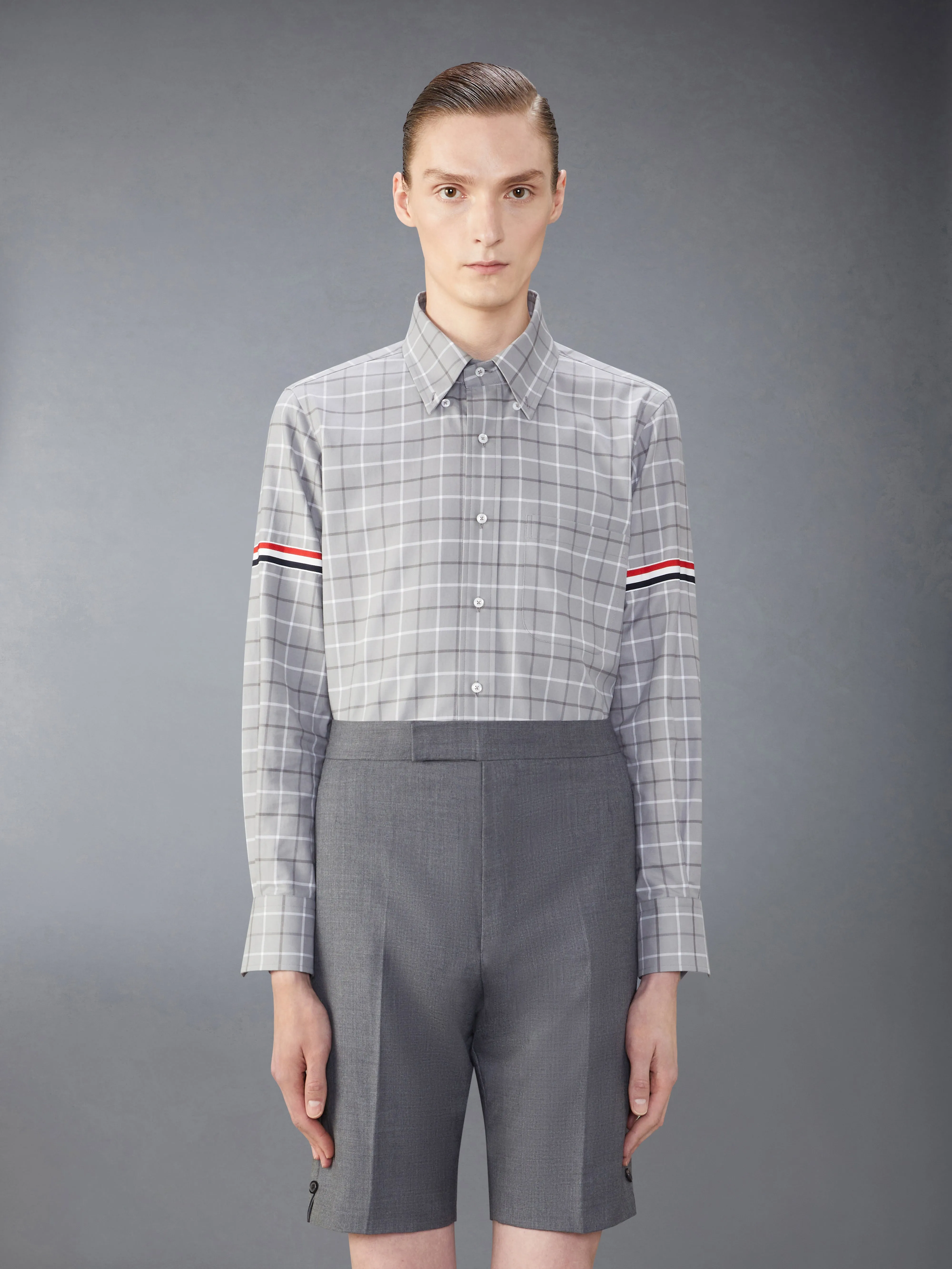 CHECK COTTON FLANNEL ARMBAND SHIRT sold by Thom Browne