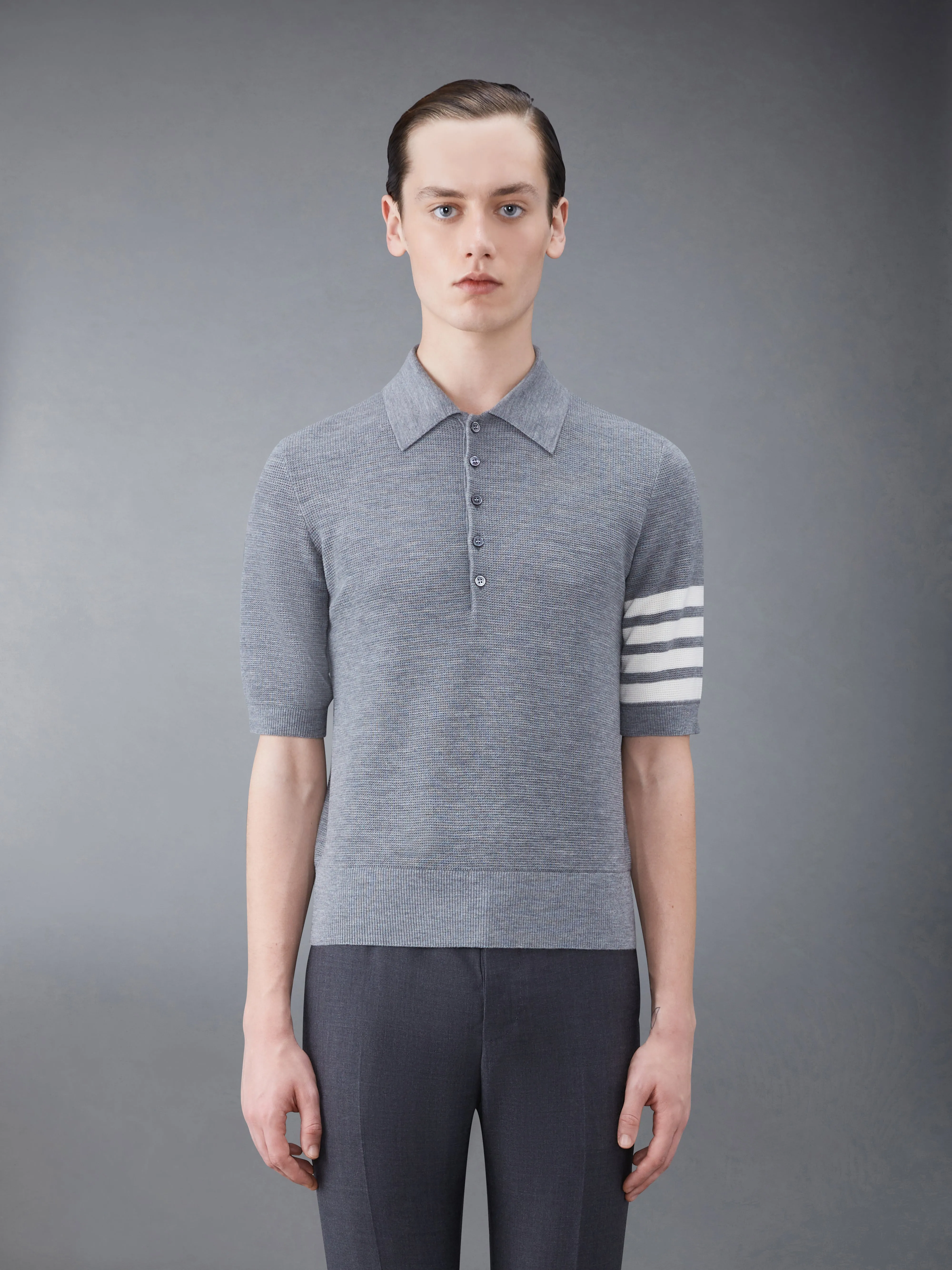 Fine Merino Waffle 4-Bar Short Sleeve Polo sold by Thom Browne