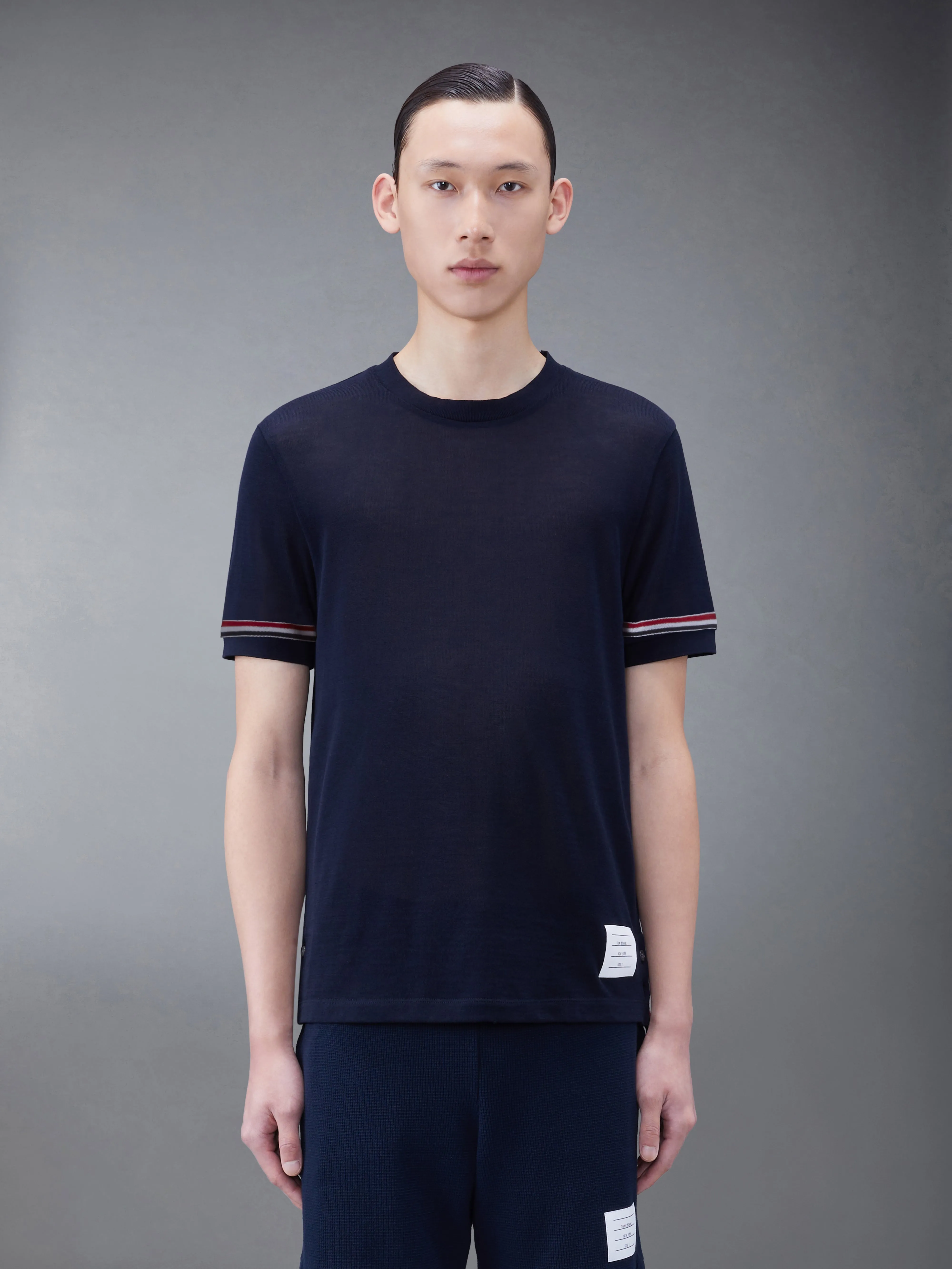 LIGHTWEIGHT COTTON SHORT SLEEVE STRIPED TEE sold by Thom Browne