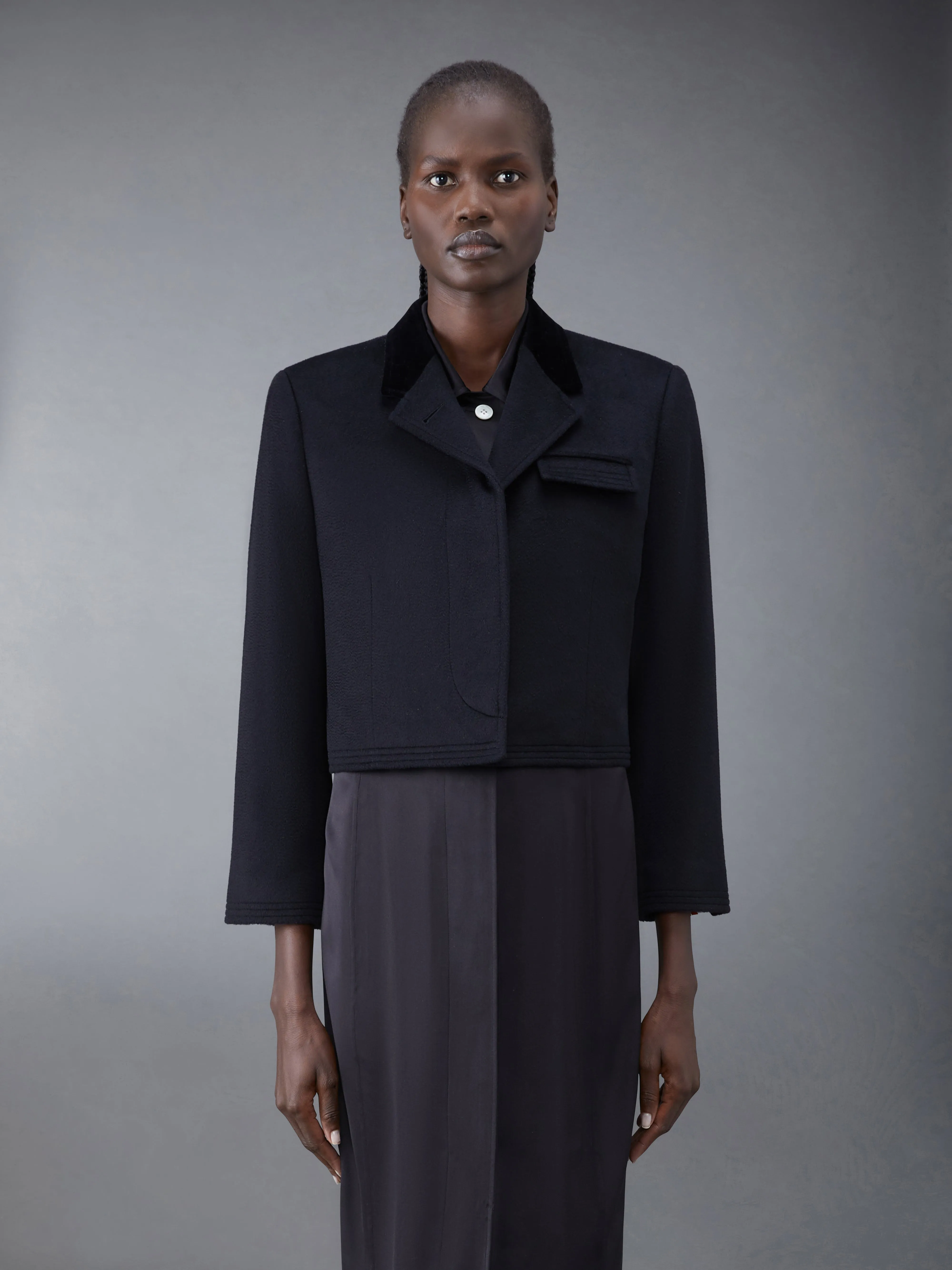 ZIBELINE COAT WEIGHT CASHMERE VELVET COLLAR CROPPED CHESTERFIELD COAT sold by Thom Browne
