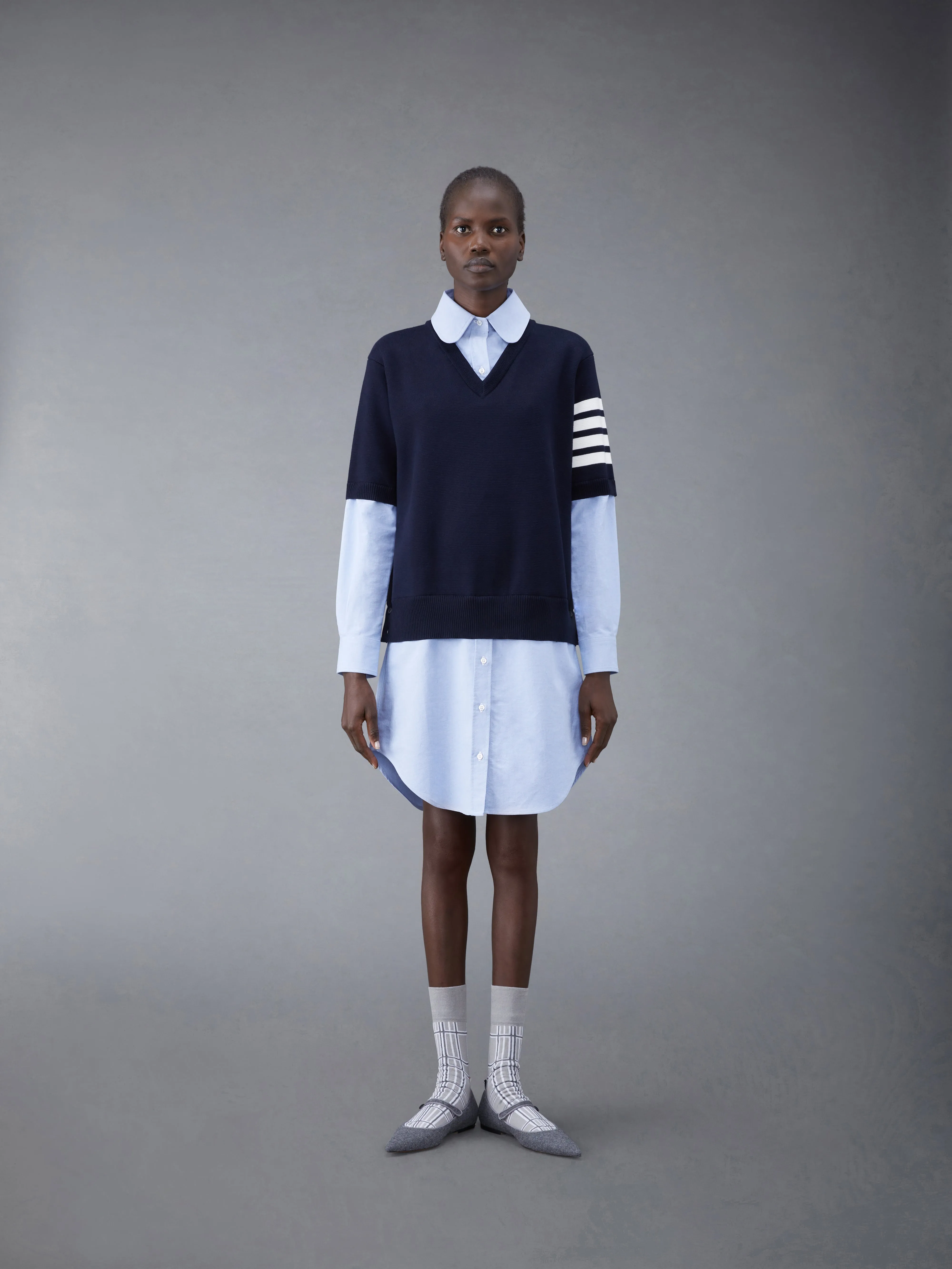 Cotton Milano and Oxford 4-Bar V-Neck Tee and Shirtdress Combo sold by Thom Browne
