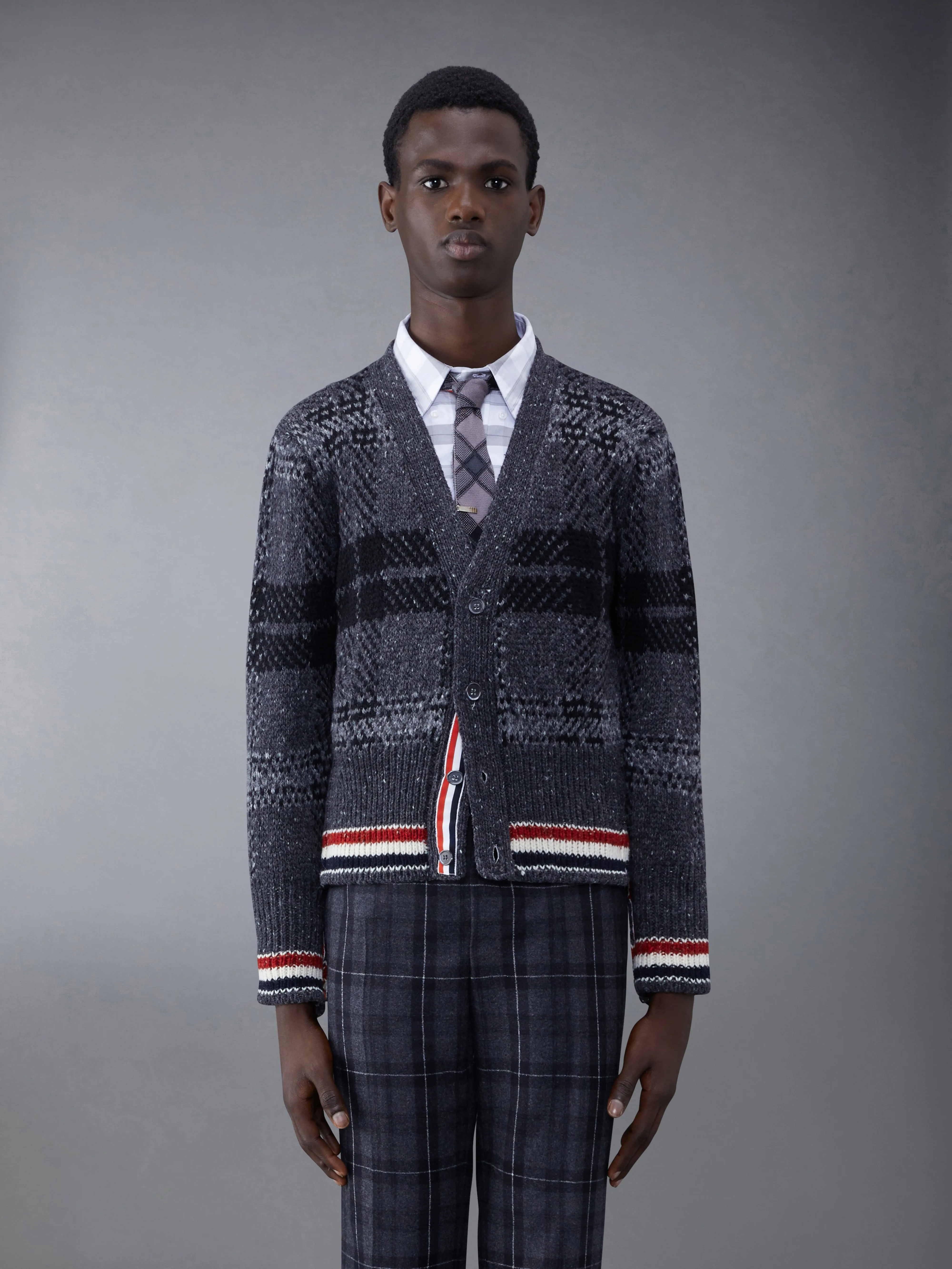 Donegal Tartan Stripe V-neck Cardigan sold by Thom Browne