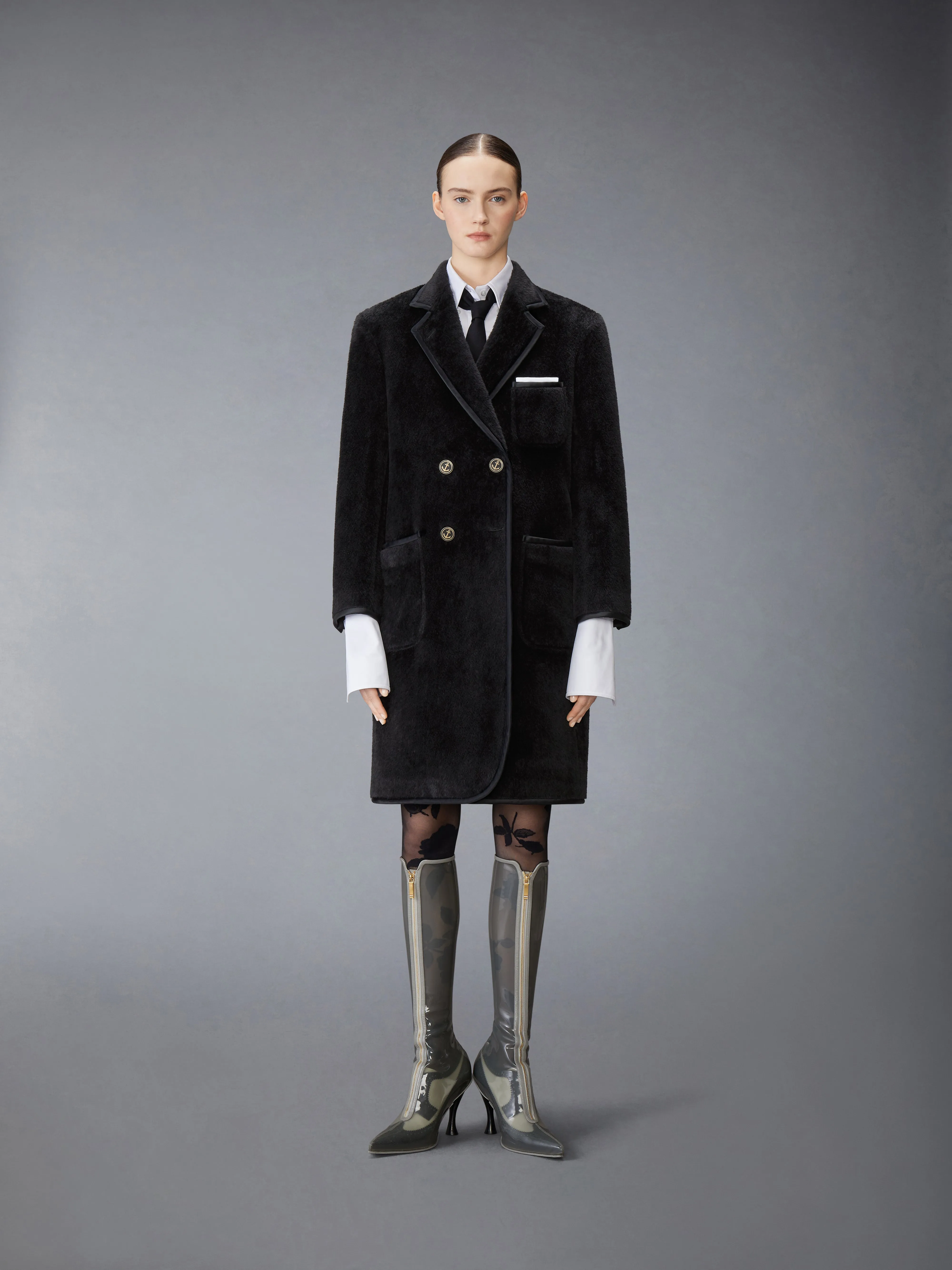 BRUSHED ALPACA WOOL SATIN TIPPING SOFT SHOULDER OVERCOAT sold by Thom Browne