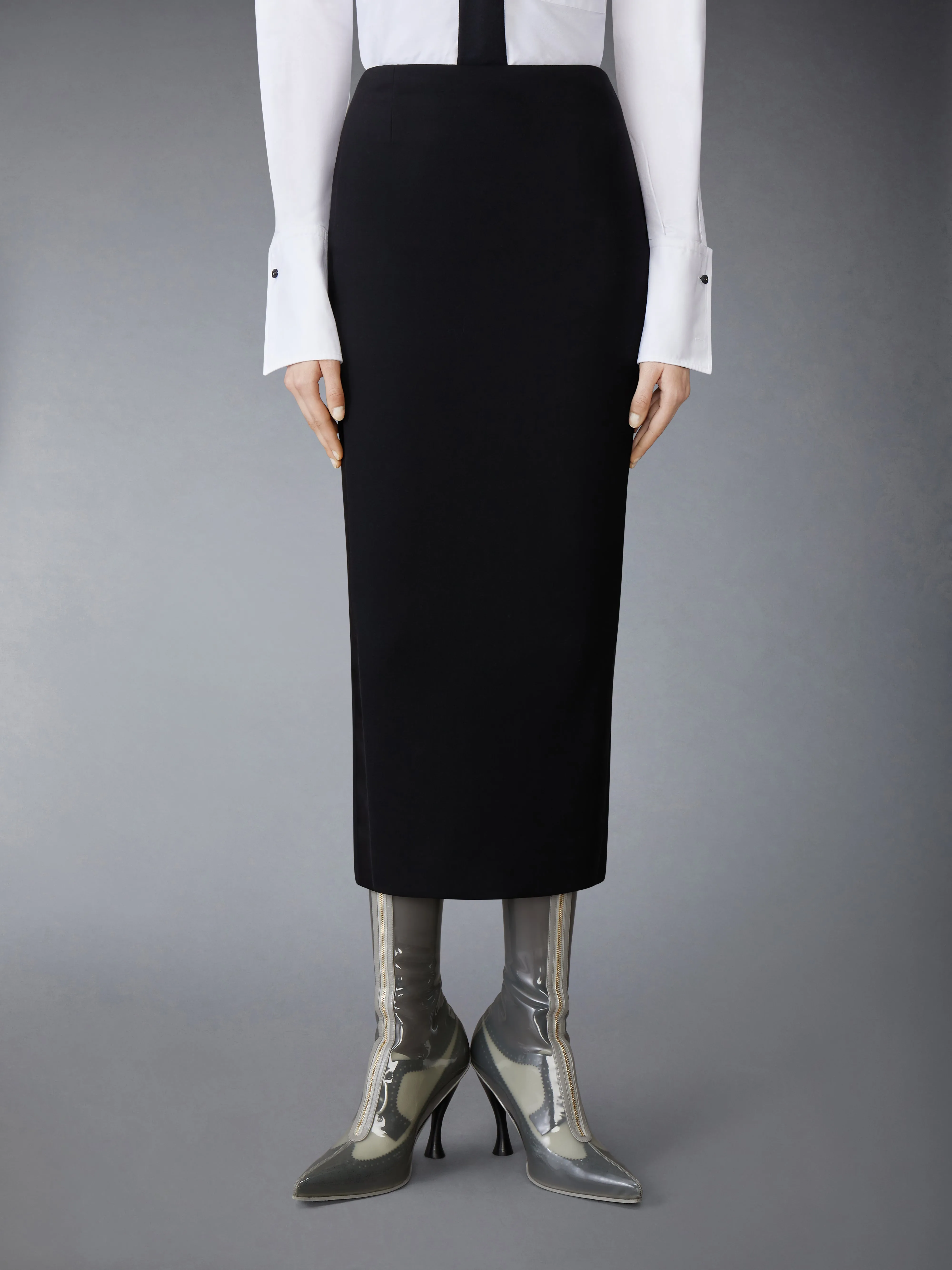 SOLID WOOL CREPE LOW RISE MAXI HOBBLE SKIRT sold by Thom Browne