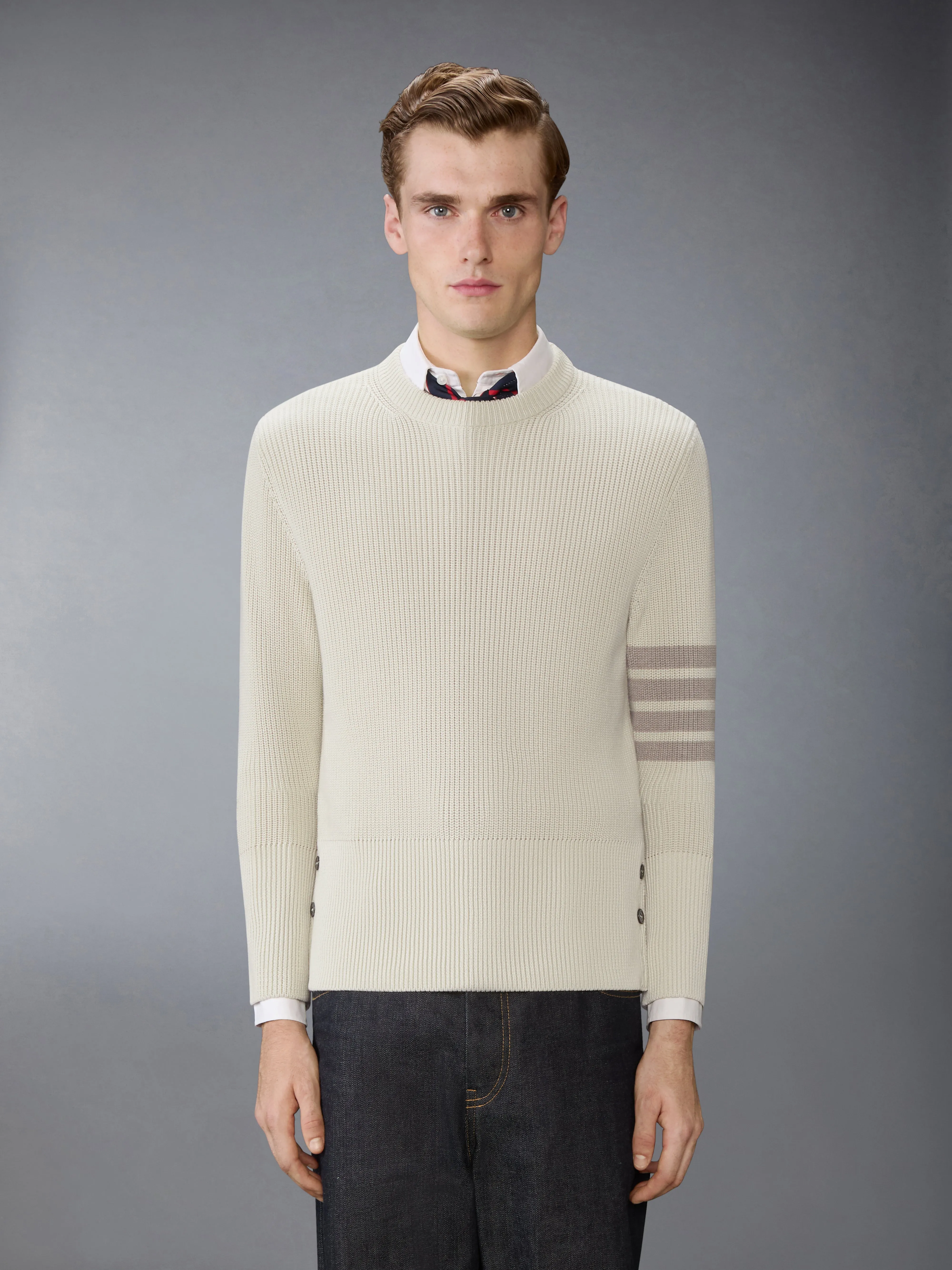COTTON CARDIGAN STITCH 4-BAR PULLOVER sold by Thom Browne