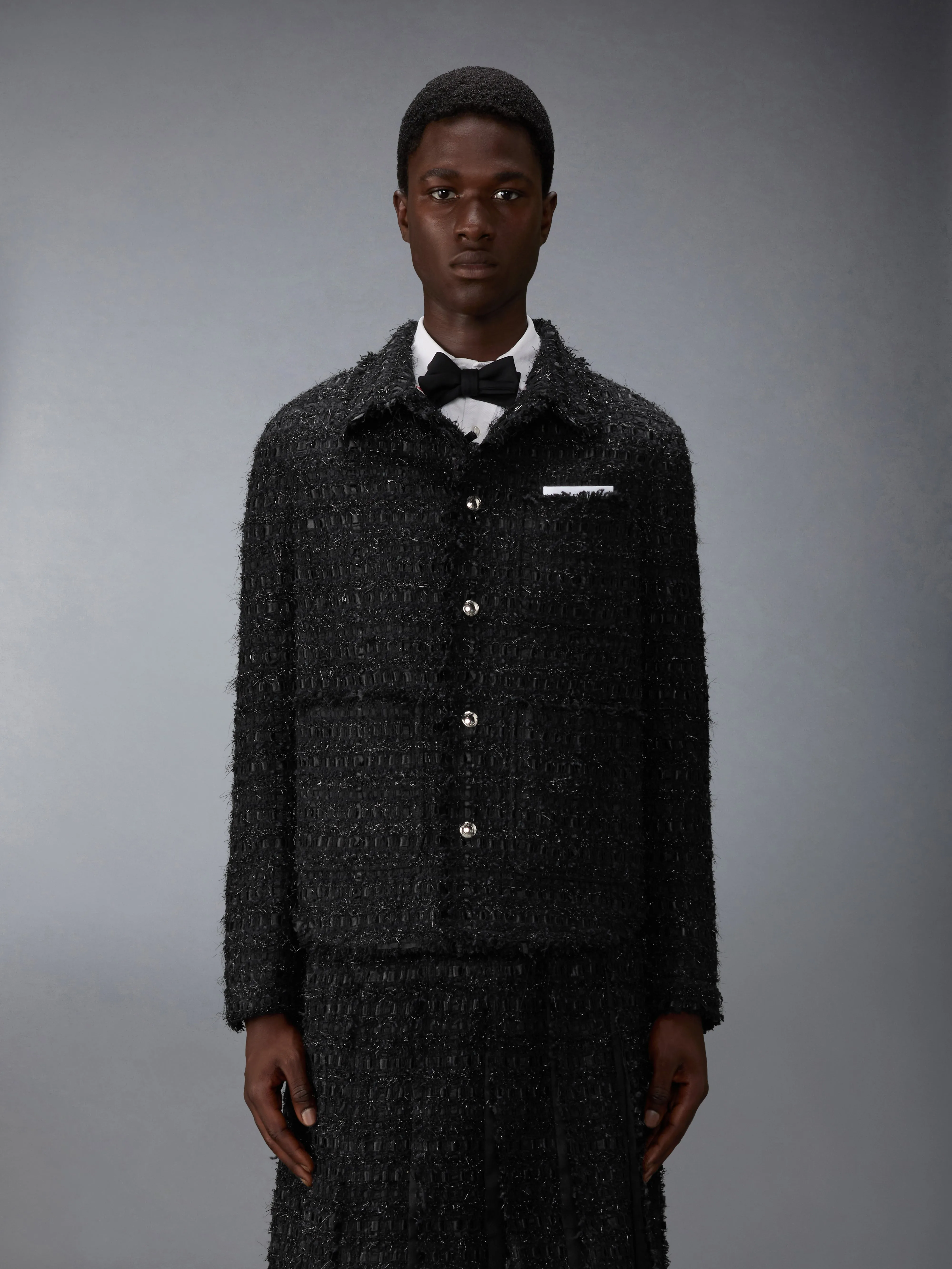 SATIN RIBBON TWEED FRAY EDGE UTILITY JACKET sold by Thom Browne