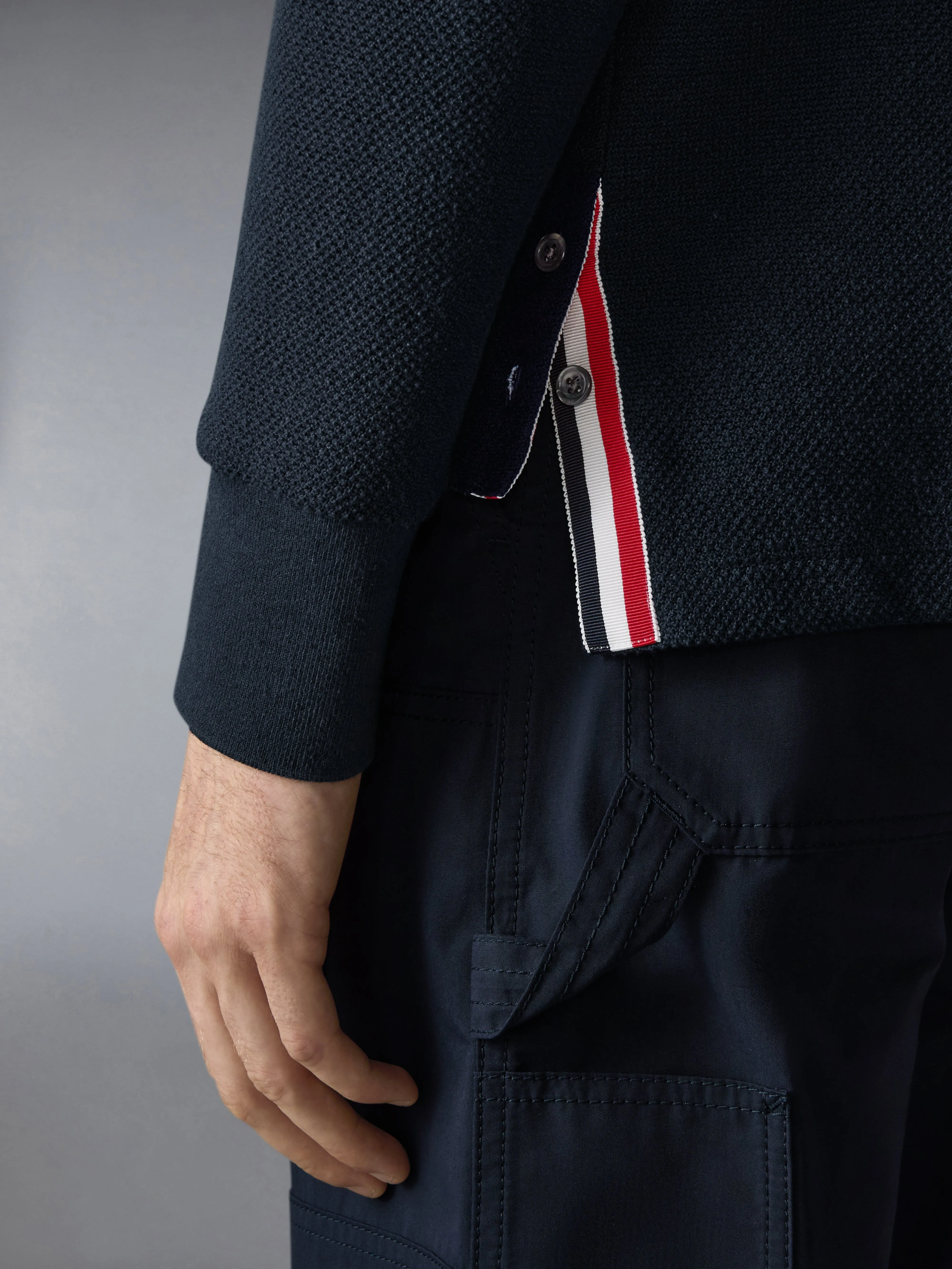 TEXTURED PIQUE 4-BAR LONG SLEEVE POLO sold by Thom Browne product image thumbnail 4