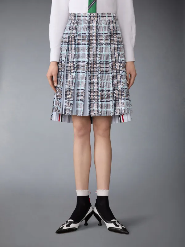 PLAID CHECK SUMMER TWEED FRAYED PLEATED SKIRT sold by Thom Browne