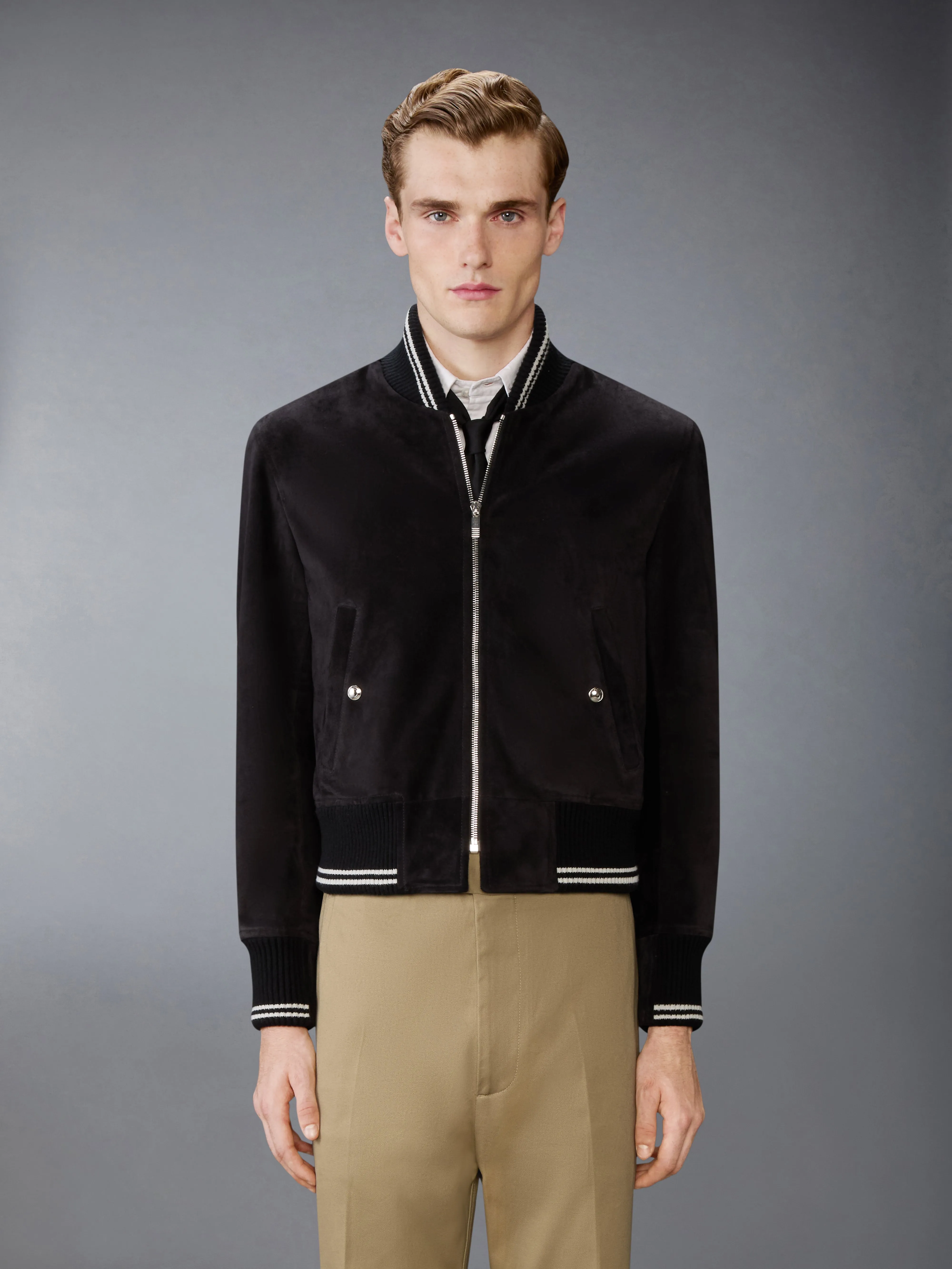 CALF SUEDE RIB KNIT BOMBER JACKET sold by Thom Browne