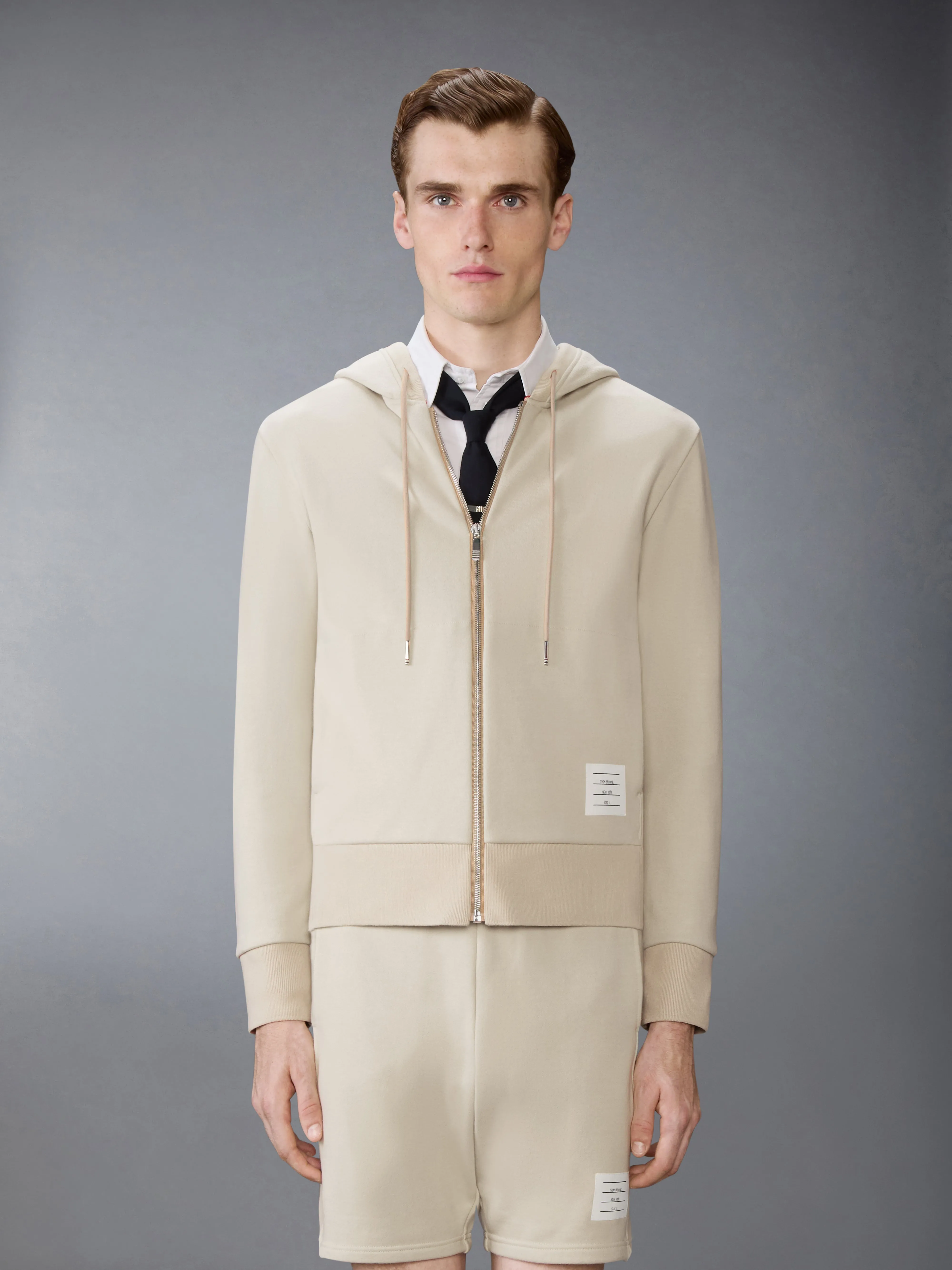 LOOPBACK JERSEY 4-BAR ZIP UP HOODIE sold by Thom Browne