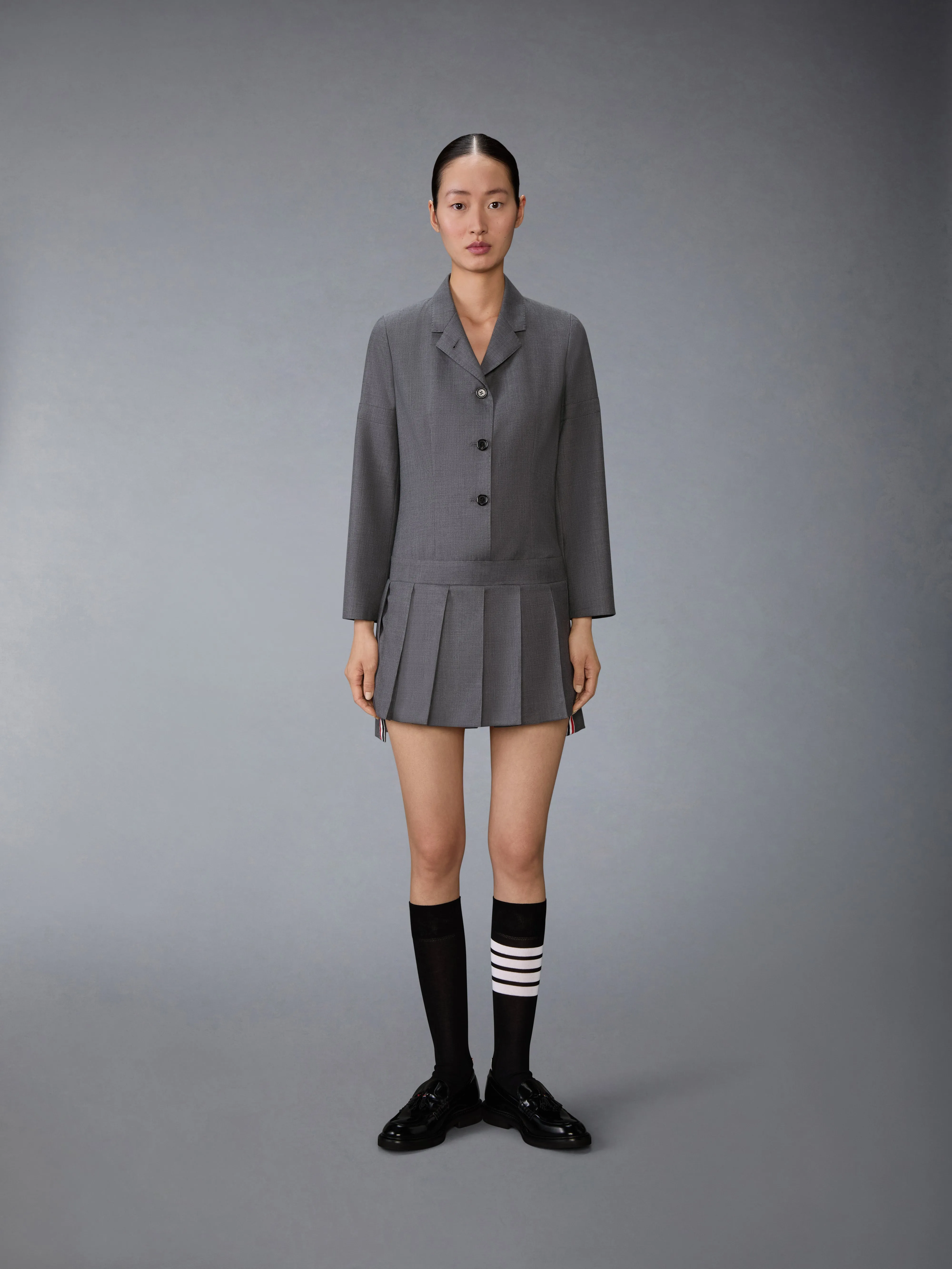 SUPER 120'S TWILL SPORTCOAT PLEATED MINI DRESS sold by Thom Browne