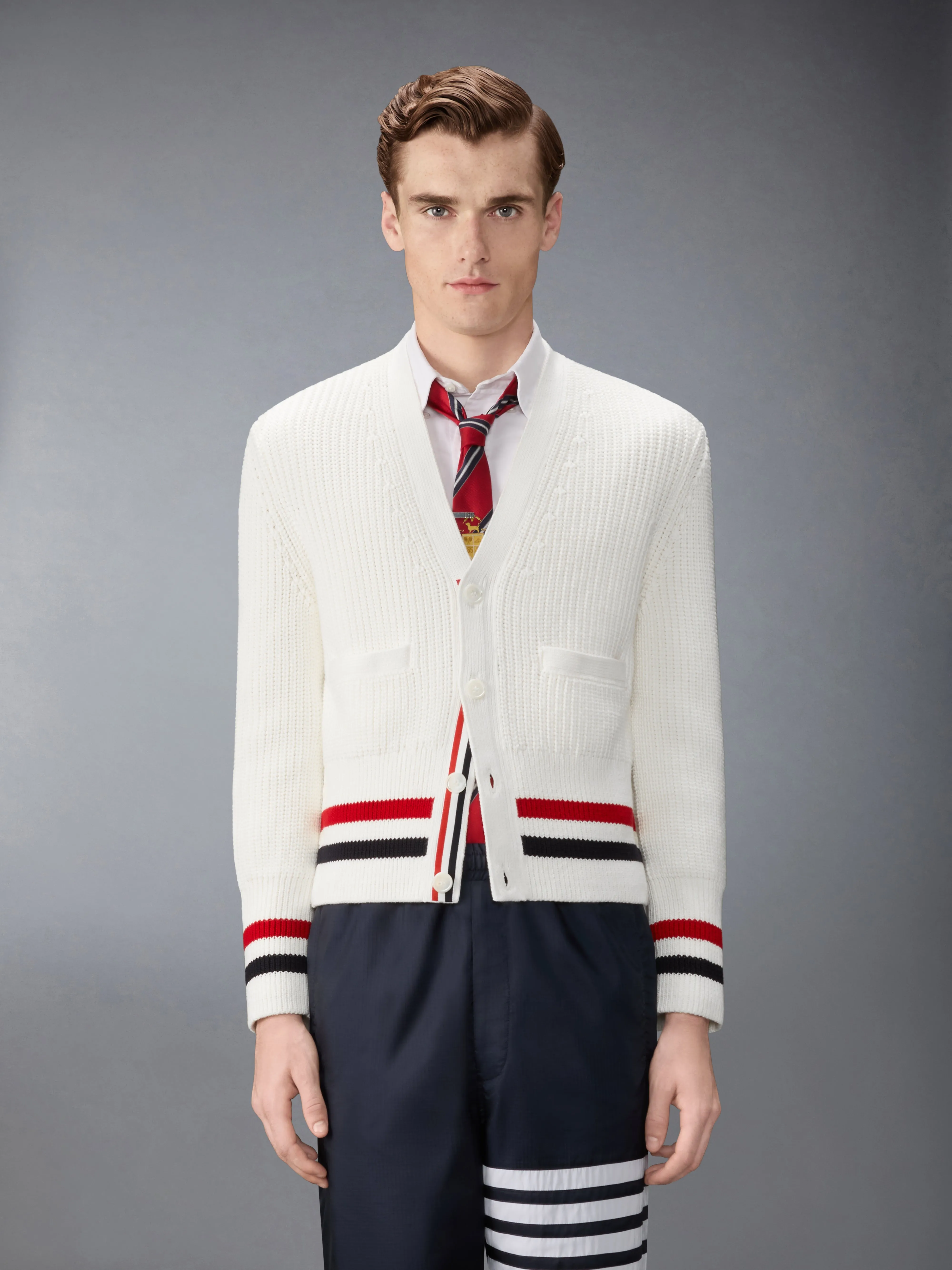HALF CARDIGAN STITCH COTTON RWB CARDIGAN sold by Thom Browne