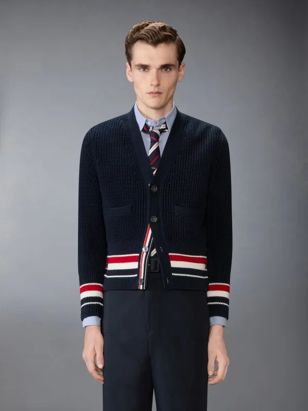 HALF CARDIGAN STITCH COTTON RWB CARDIGAN sold by Thom Browne