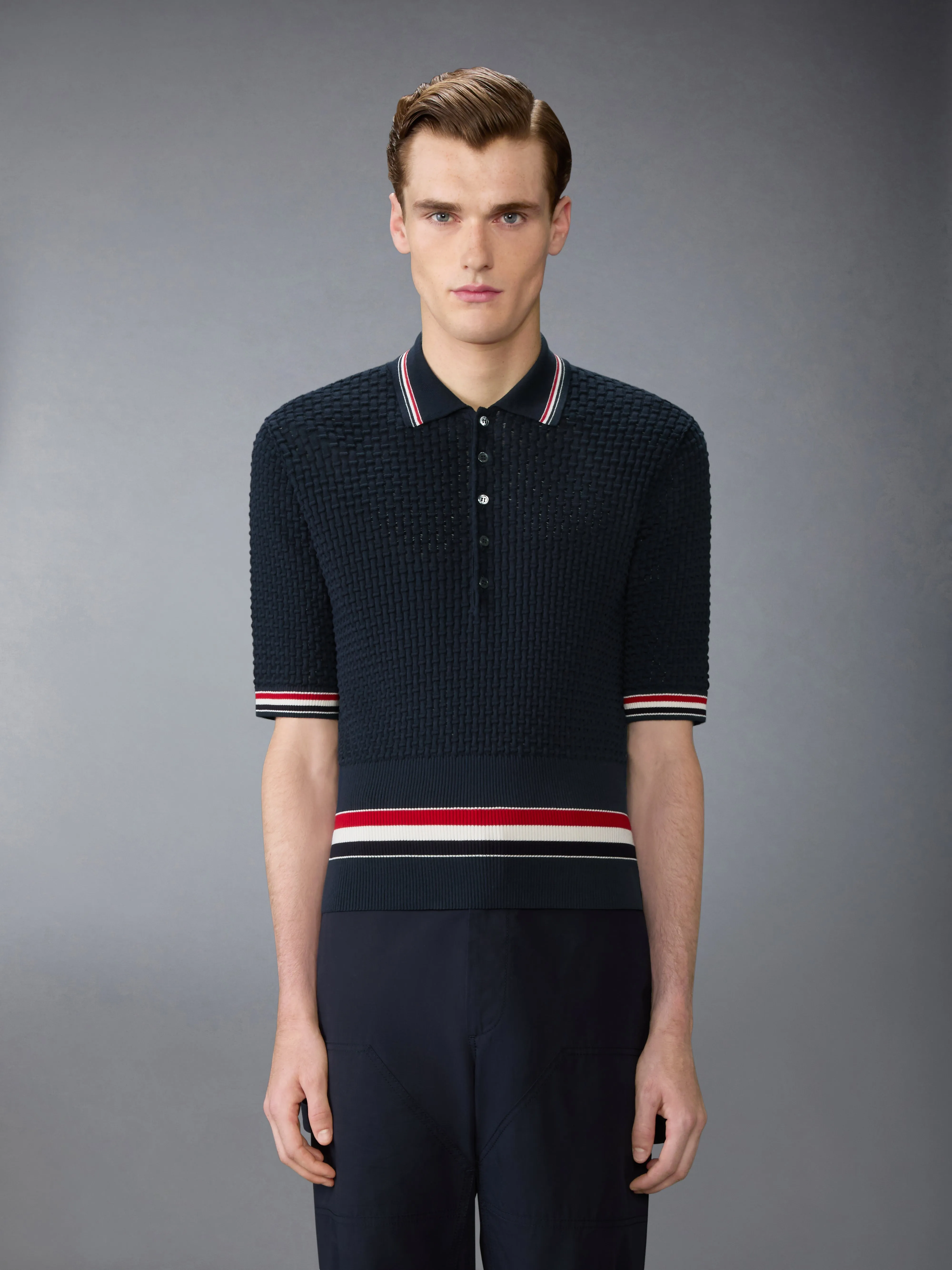 FLOAT RIPPLE STITCH RWB STRIPE POLO sold by Thom Browne