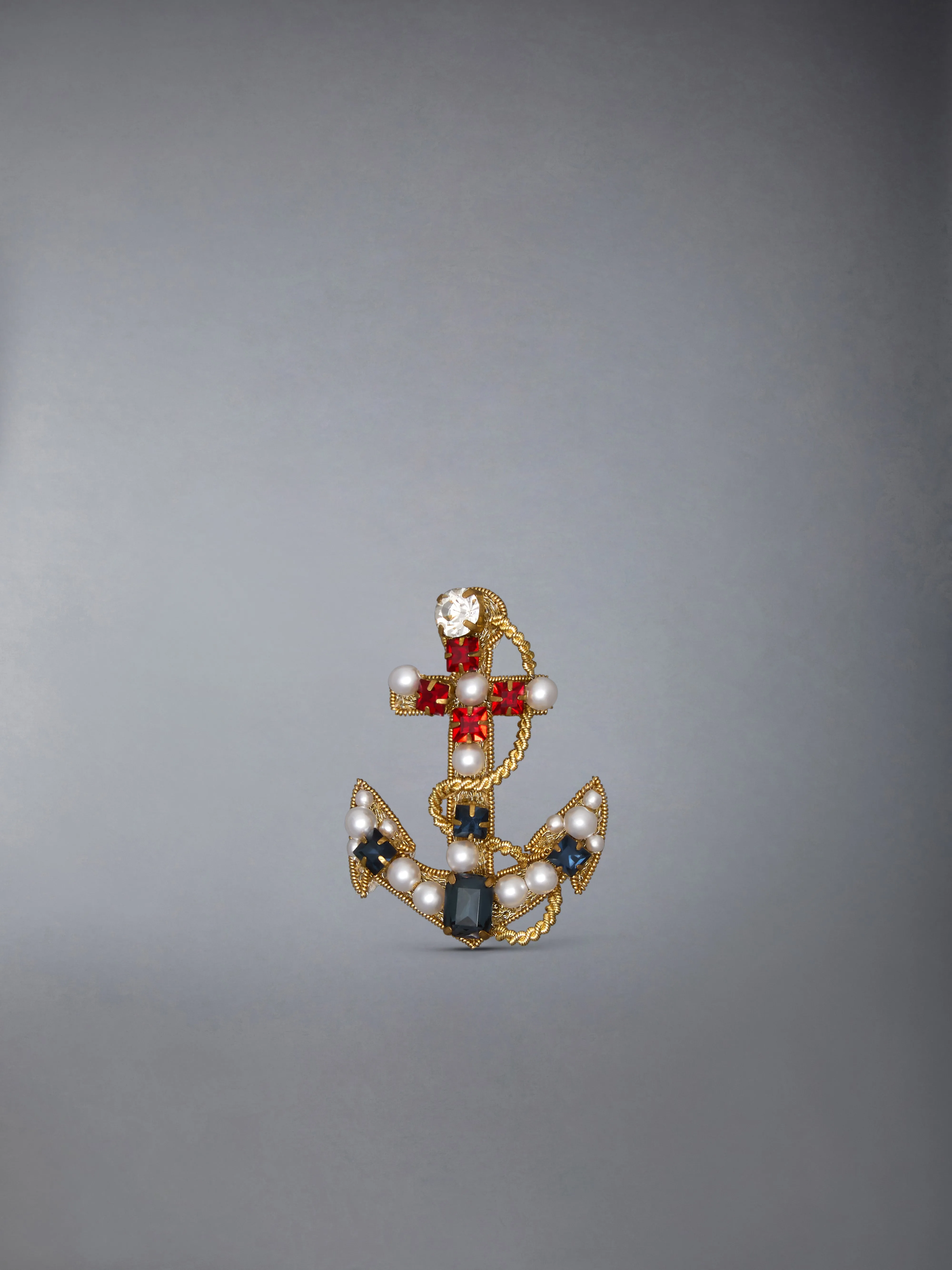 PEARL AND CRYSTAL EMBROIDERY ANCHOR BROOCH sold by Thom Browne