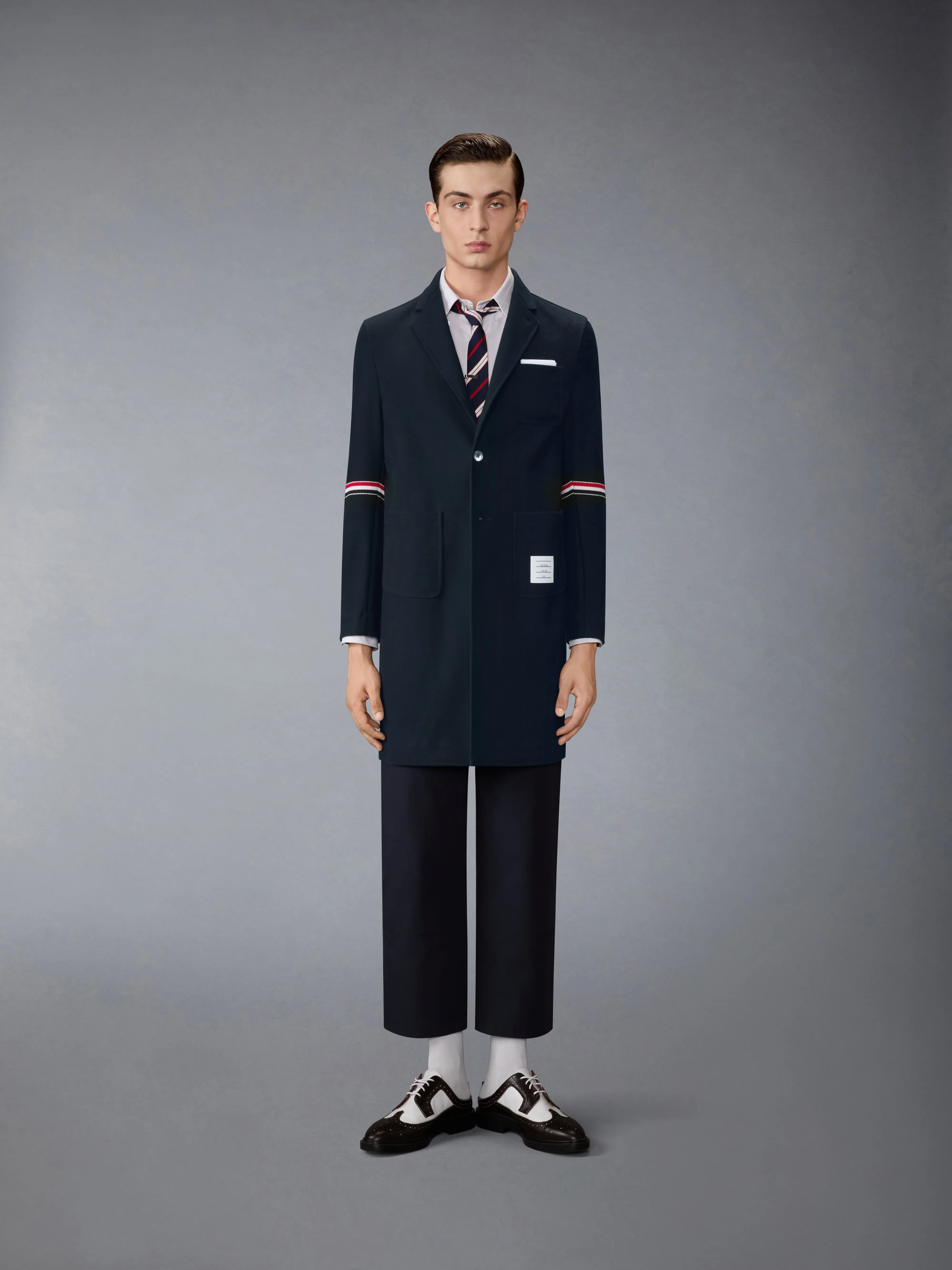 DOUBLE FACE TECH TWILL 4-BAR SACK OVERCOAT sold by Thom Browne