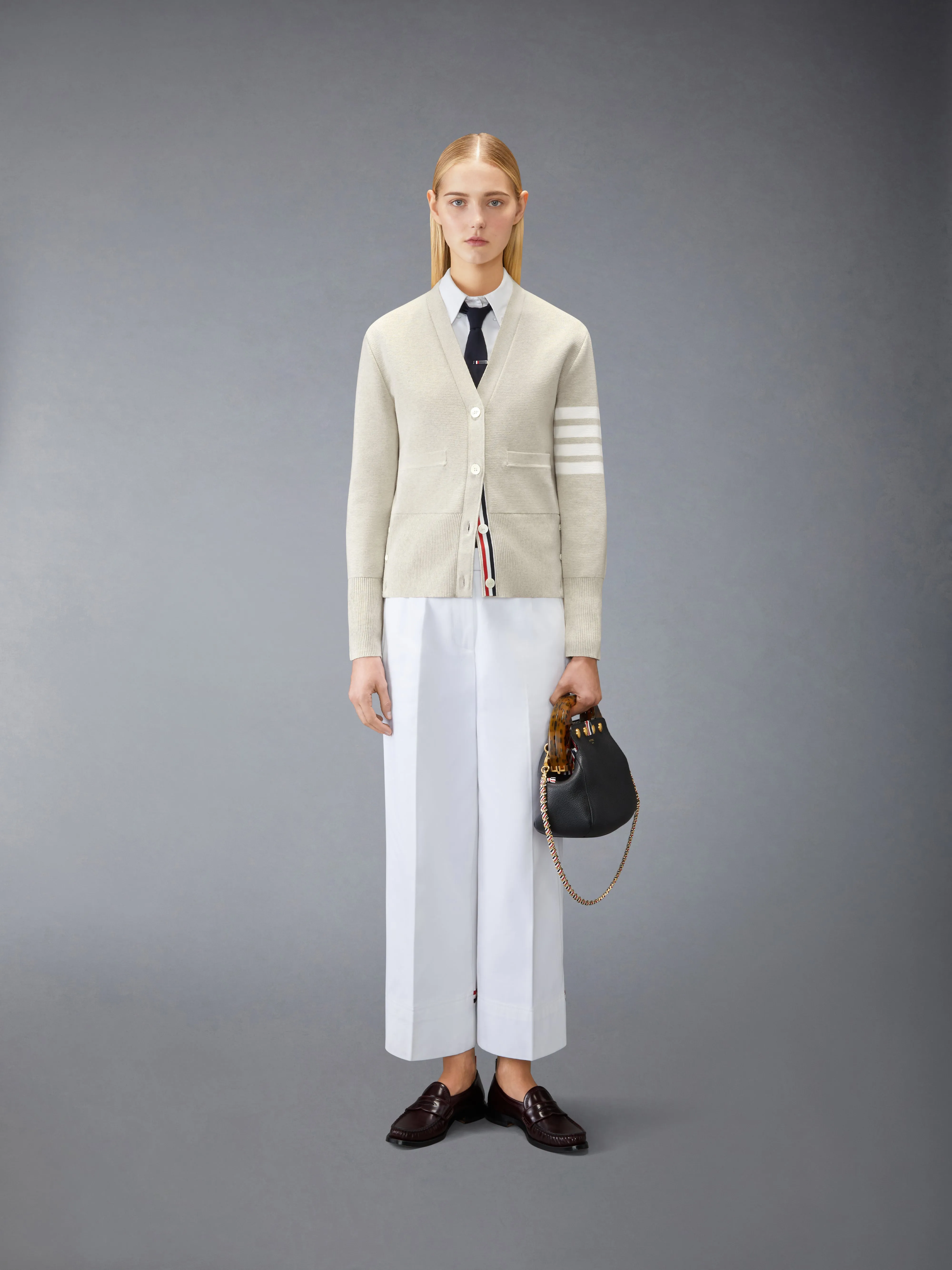 COTTON 4-BAR MILANO CLASSIC V-NECK CARDIGAN sold by Thom Browne product image thumbnail 3