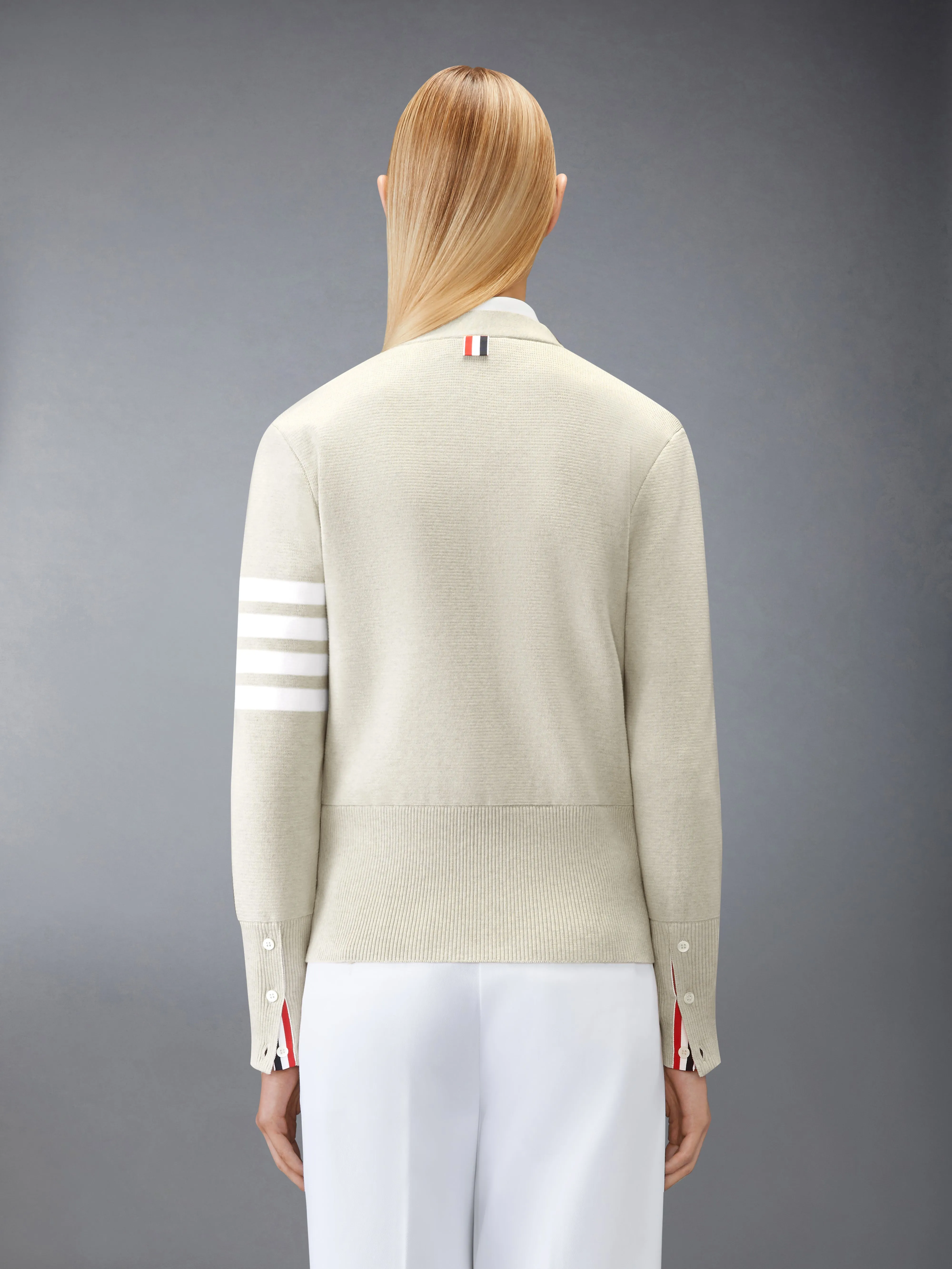COTTON 4-BAR MILANO CLASSIC V-NECK CARDIGAN sold by Thom Browne product image thumbnail 2