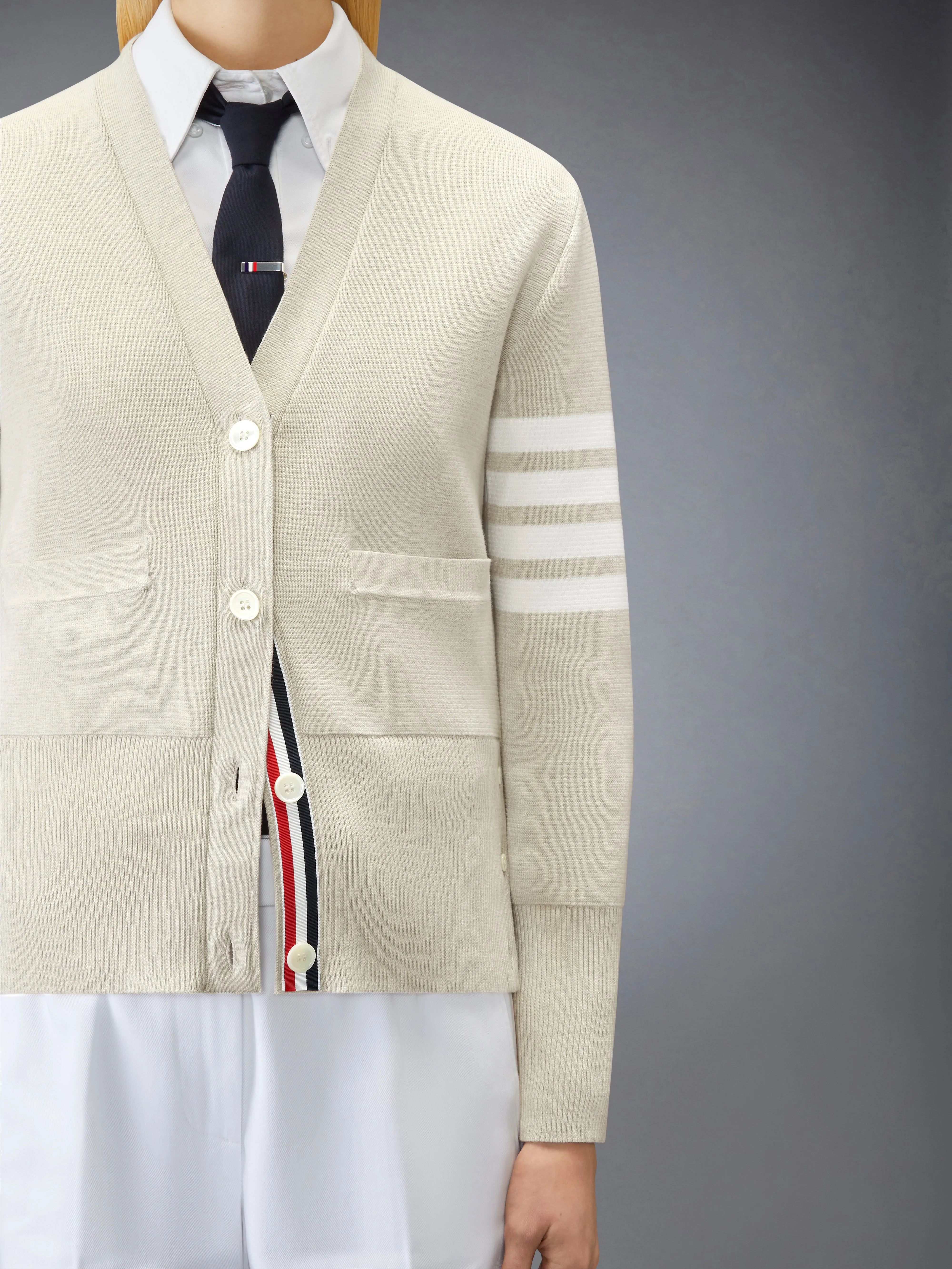 COTTON 4-BAR MILANO CLASSIC V-NECK CARDIGAN sold by Thom Browne product image thumbnail 5
