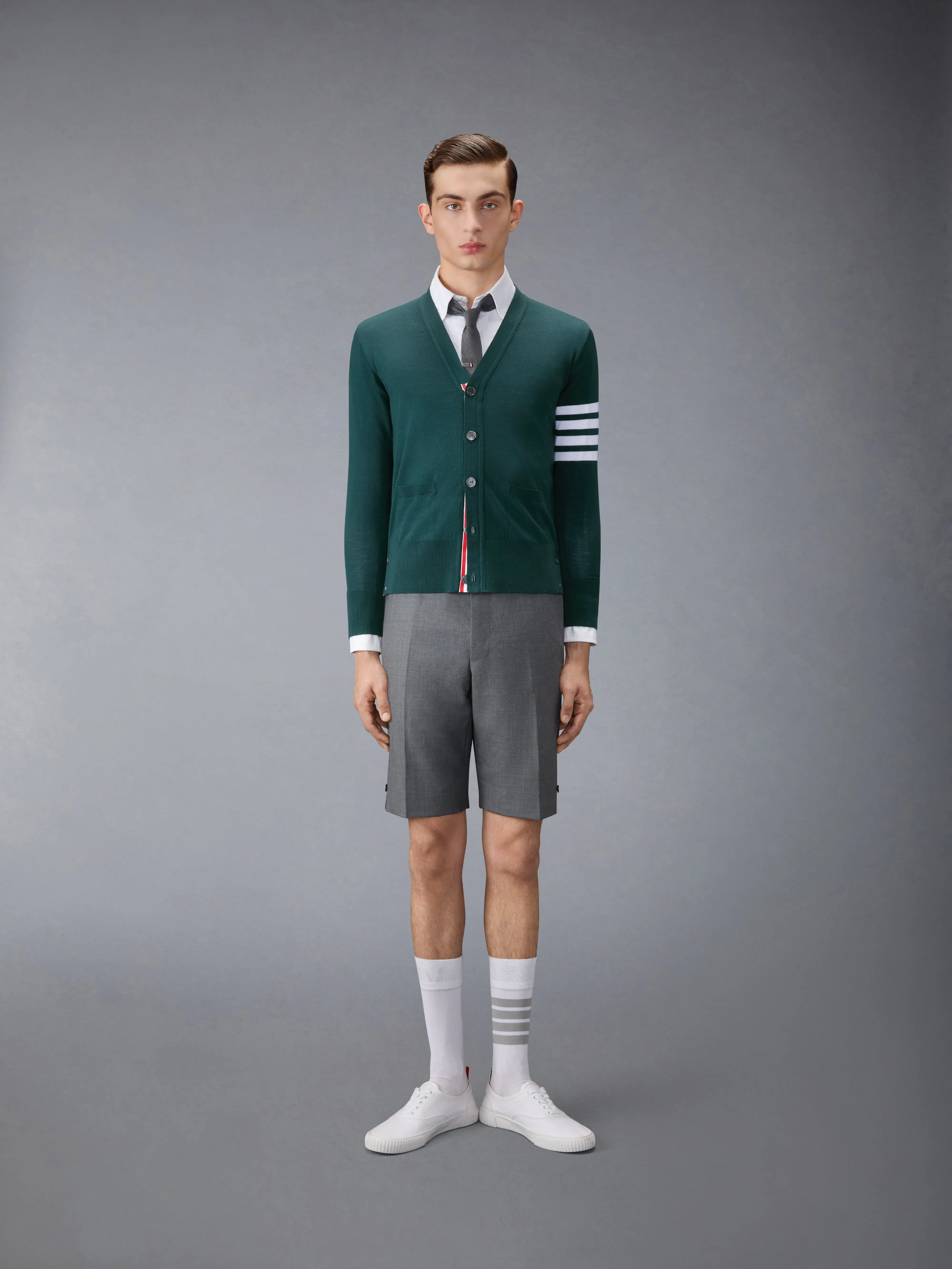 MERINO WOOL 4-BAR CLASSIC V-NECK CARDIGAN sold by Thom Browne product image thumbnail 3