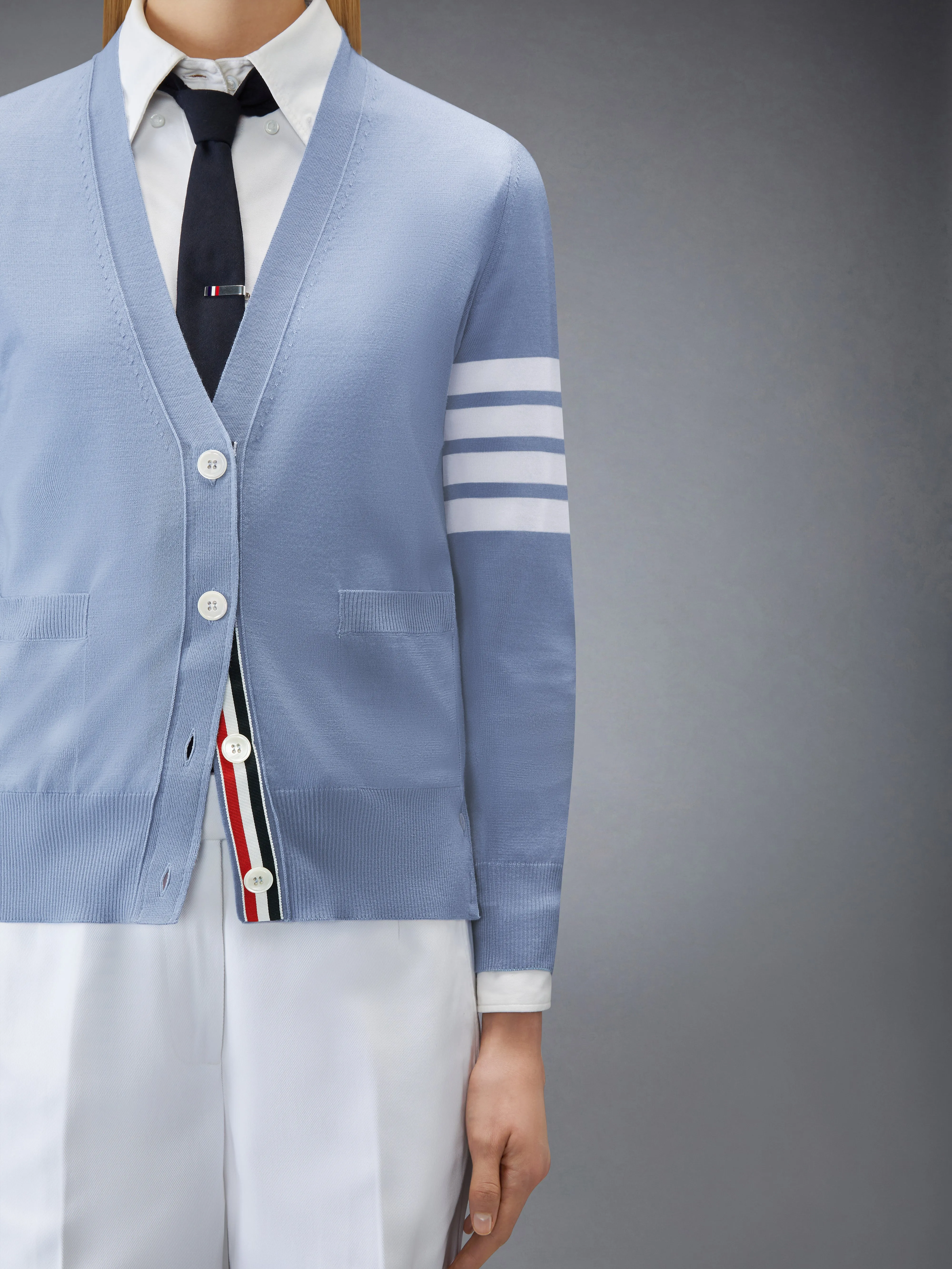 MERINO WOOL 4-BAR RELAXED FIT V-NECK CARDIGAN sold by Thom Browne product image thumbnail 5