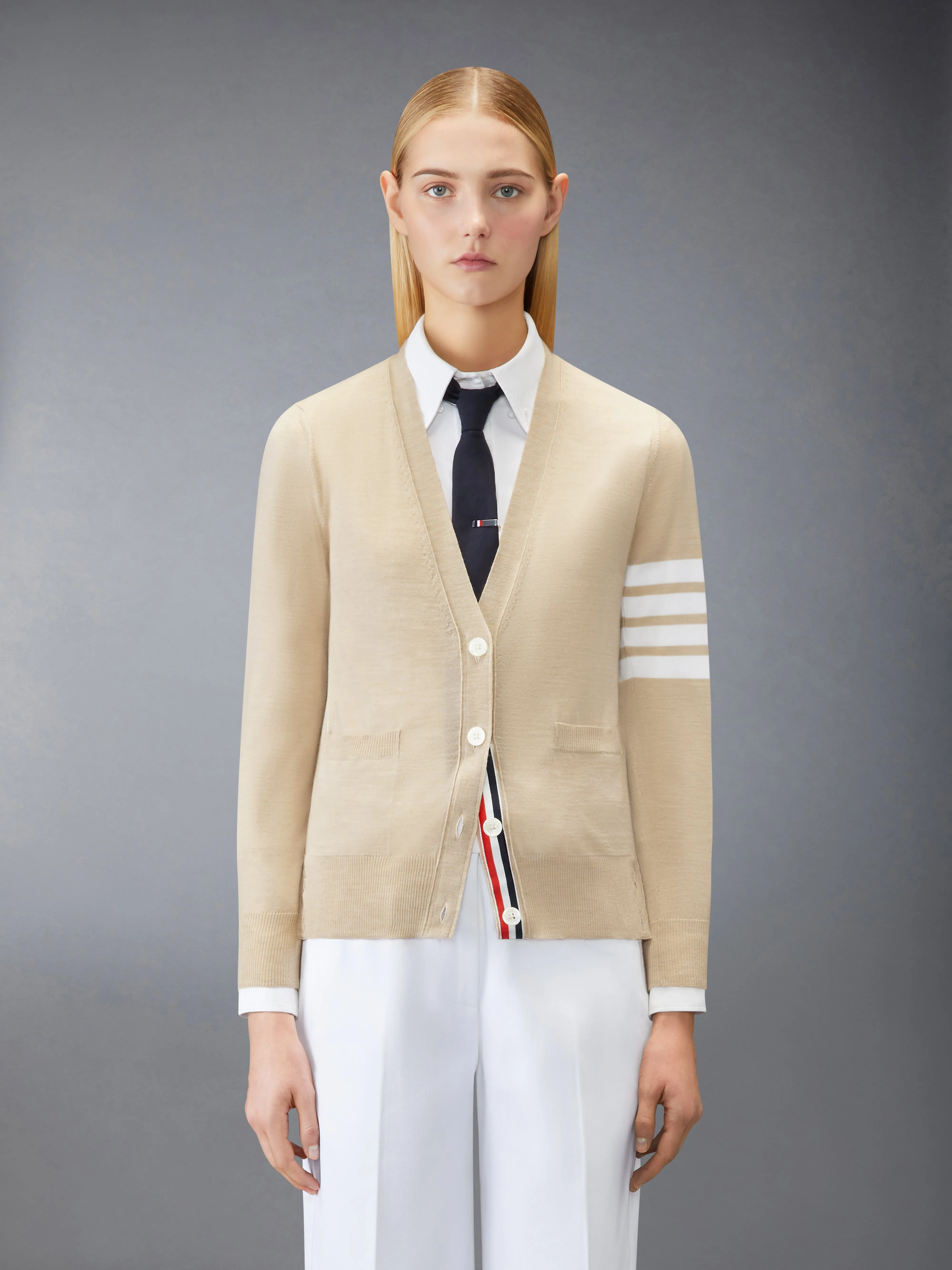 MERINO WOOL 4-BAR RELAXED FIT V-NECK CARDIGAN sold by Thom Browne