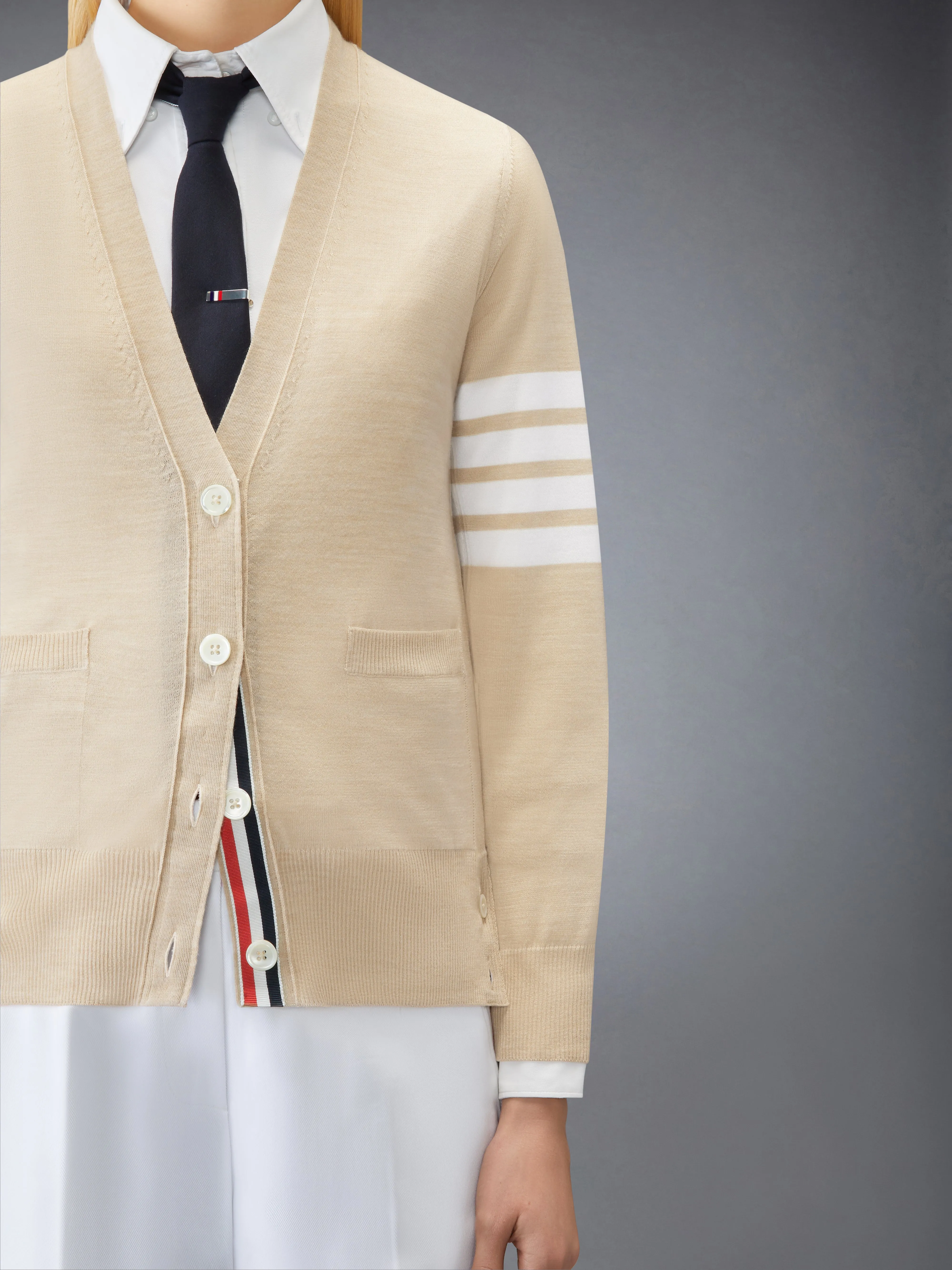 MERINO WOOL 4-BAR RELAXED FIT V-NECK CARDIGAN sold by Thom Browne product image thumbnail 5