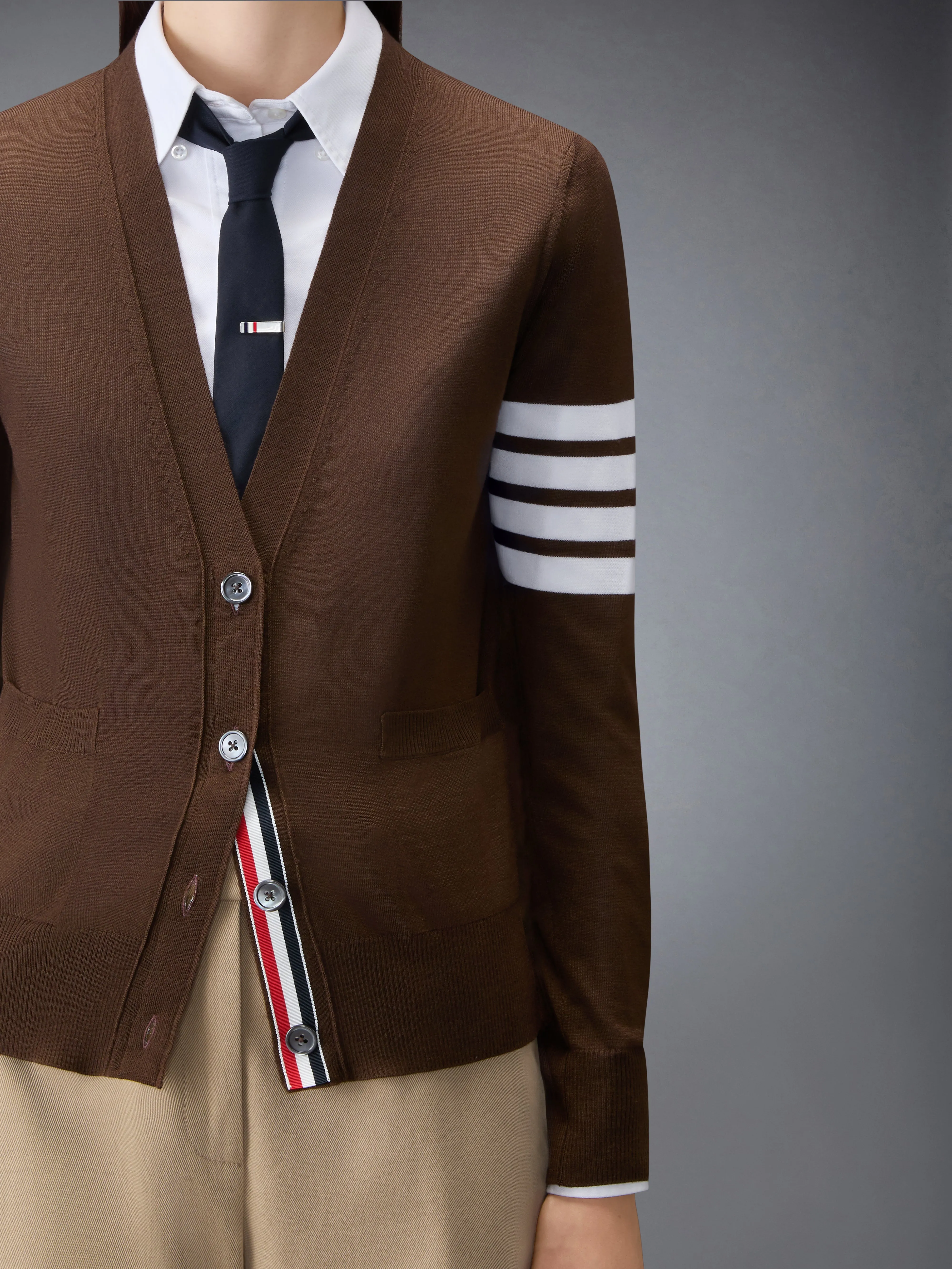 MERINO WOOL 4-BAR RELAXED FIT V-NECK CARDIGAN sold by Thom Browne product image thumbnail 5