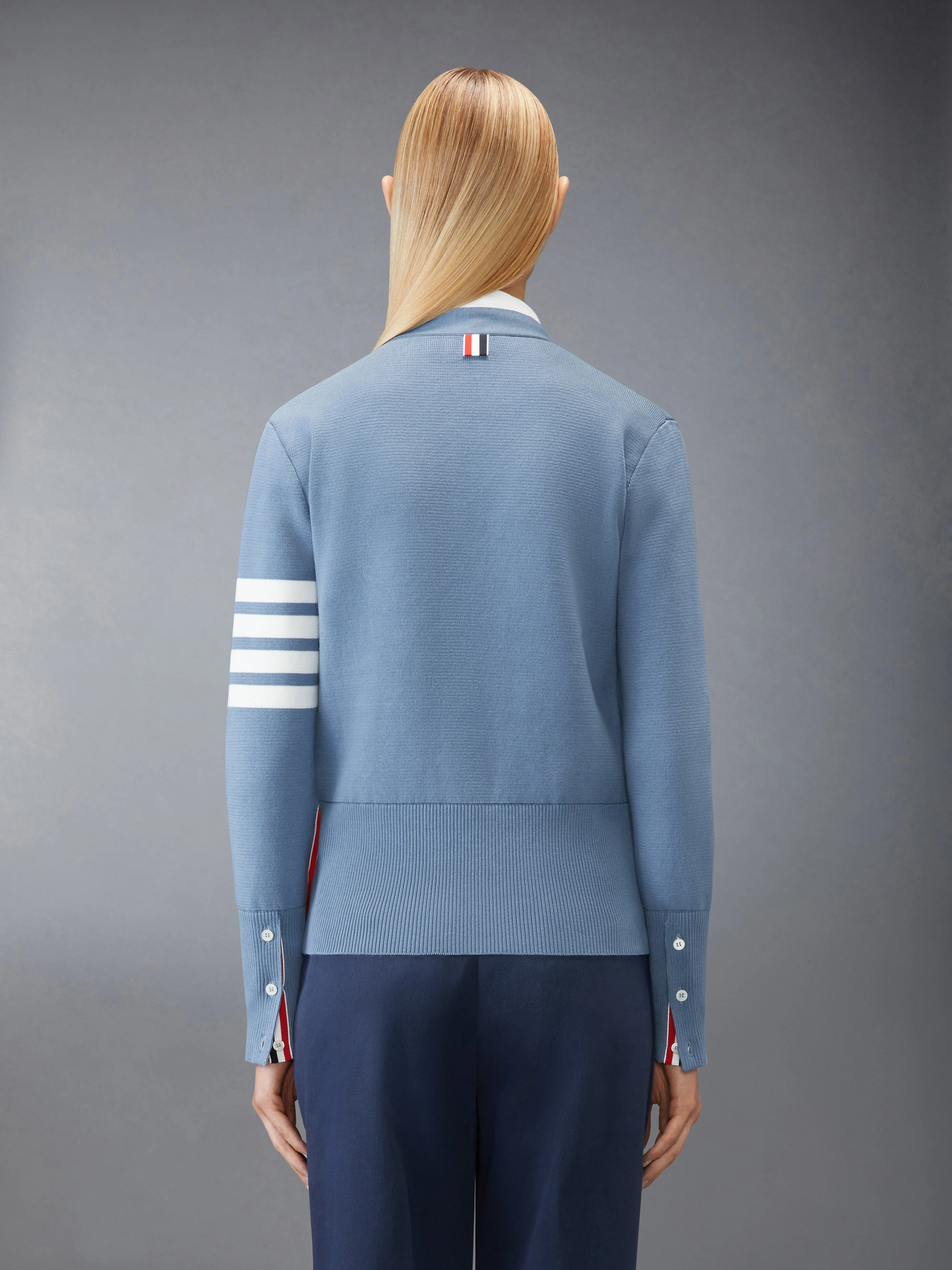 COTTON 4-BAR MILANO CLASSIC V-NECK CARDIGAN sold by Thom Browne product image thumbnail 2