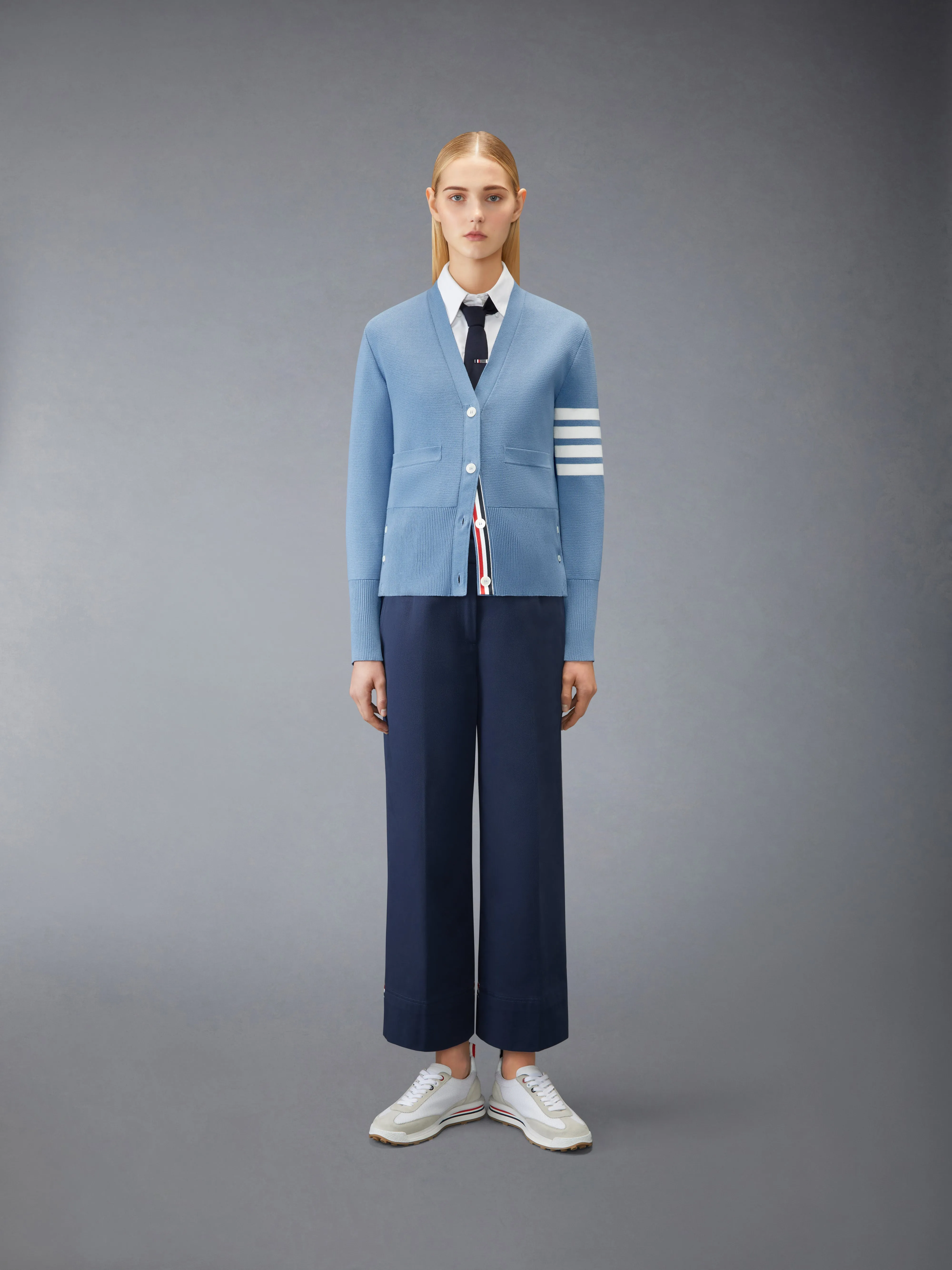 COTTON 4-BAR MILANO CLASSIC V-NECK CARDIGAN sold by Thom Browne product image thumbnail 3