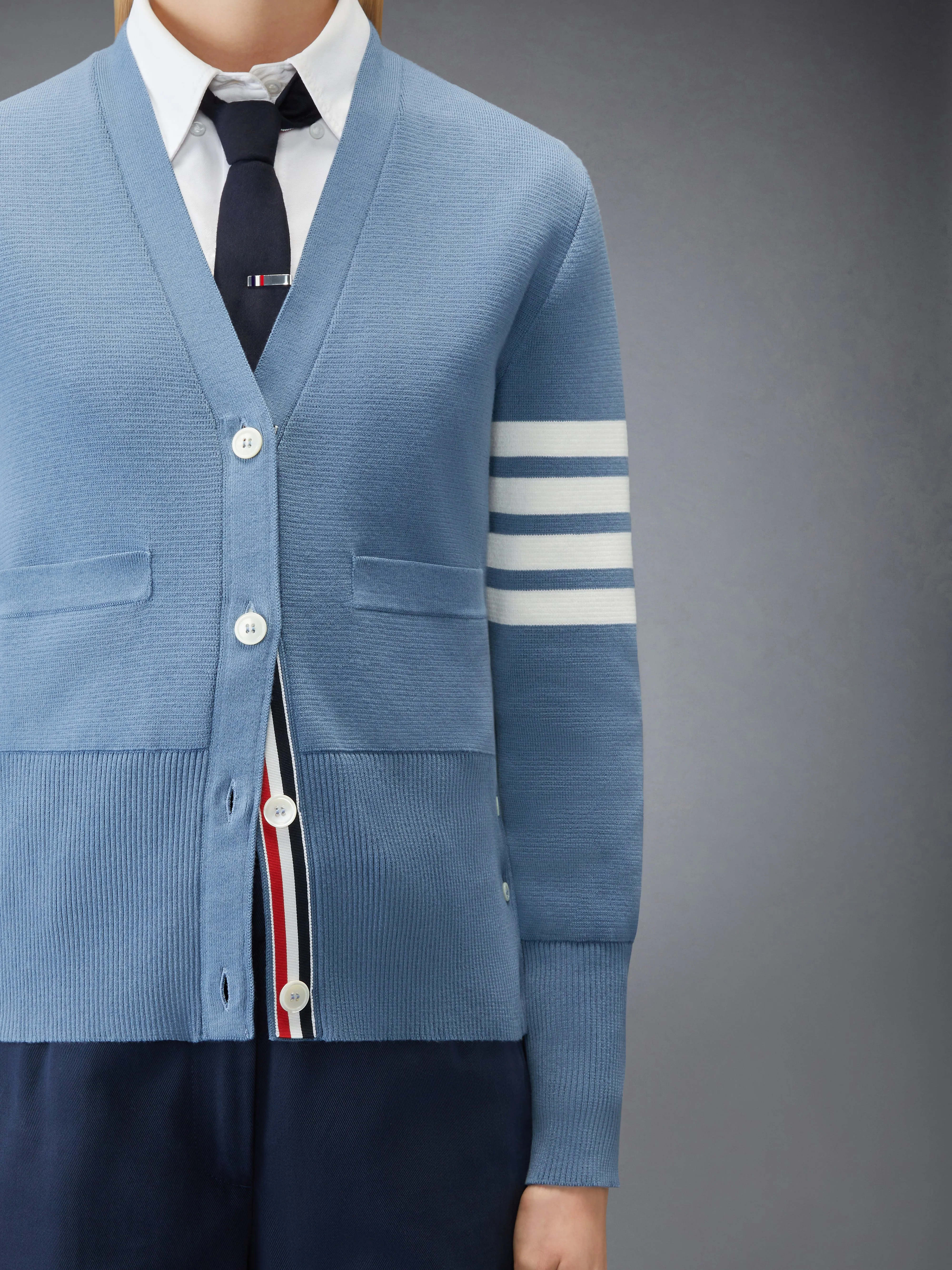 COTTON 4-BAR MILANO CLASSIC V-NECK CARDIGAN sold by Thom Browne product image thumbnail 5