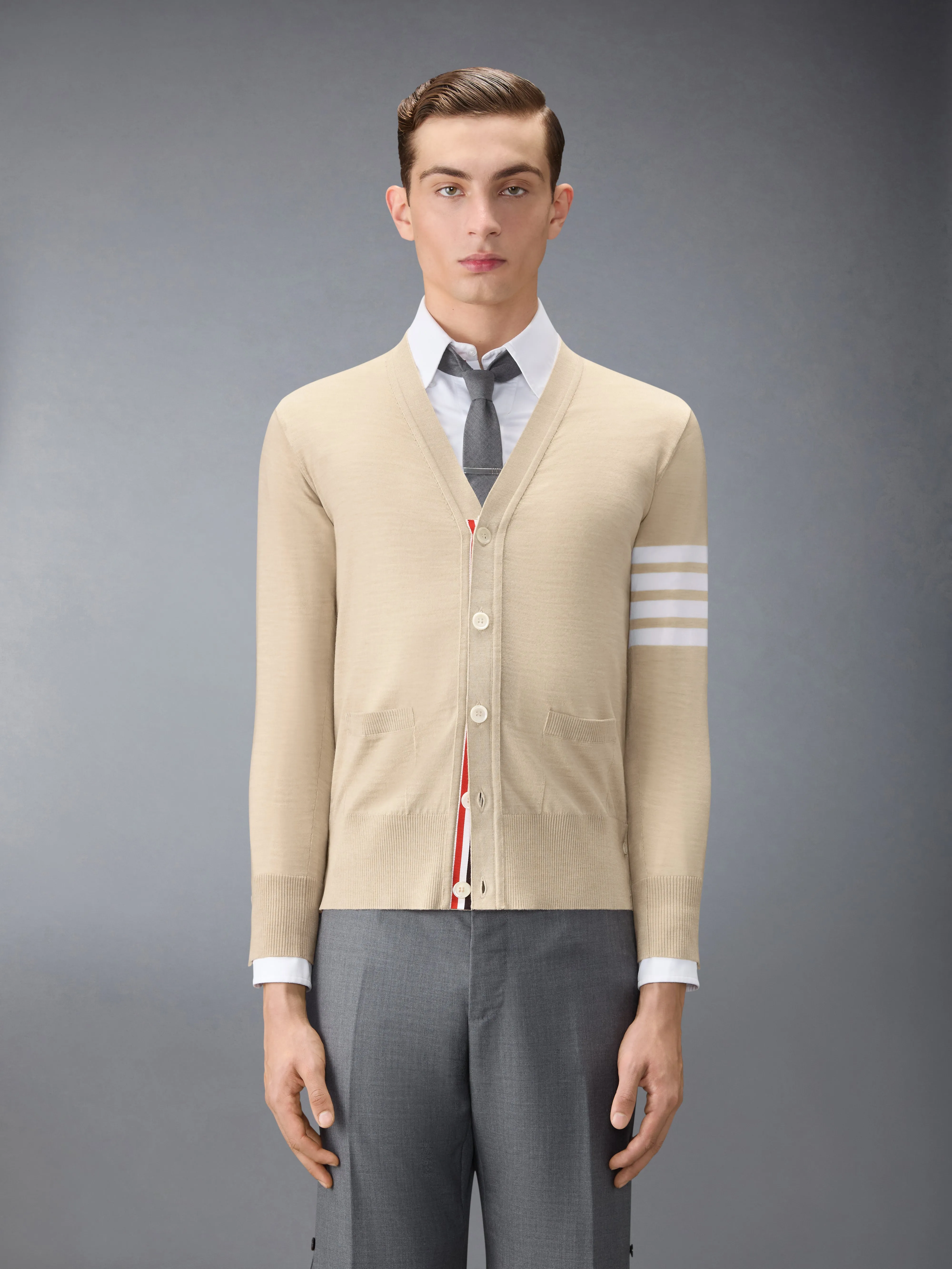 MERINO WOOL 4-BAR CLASSIC V-NECK CARDIGAN sold by Thom Browne