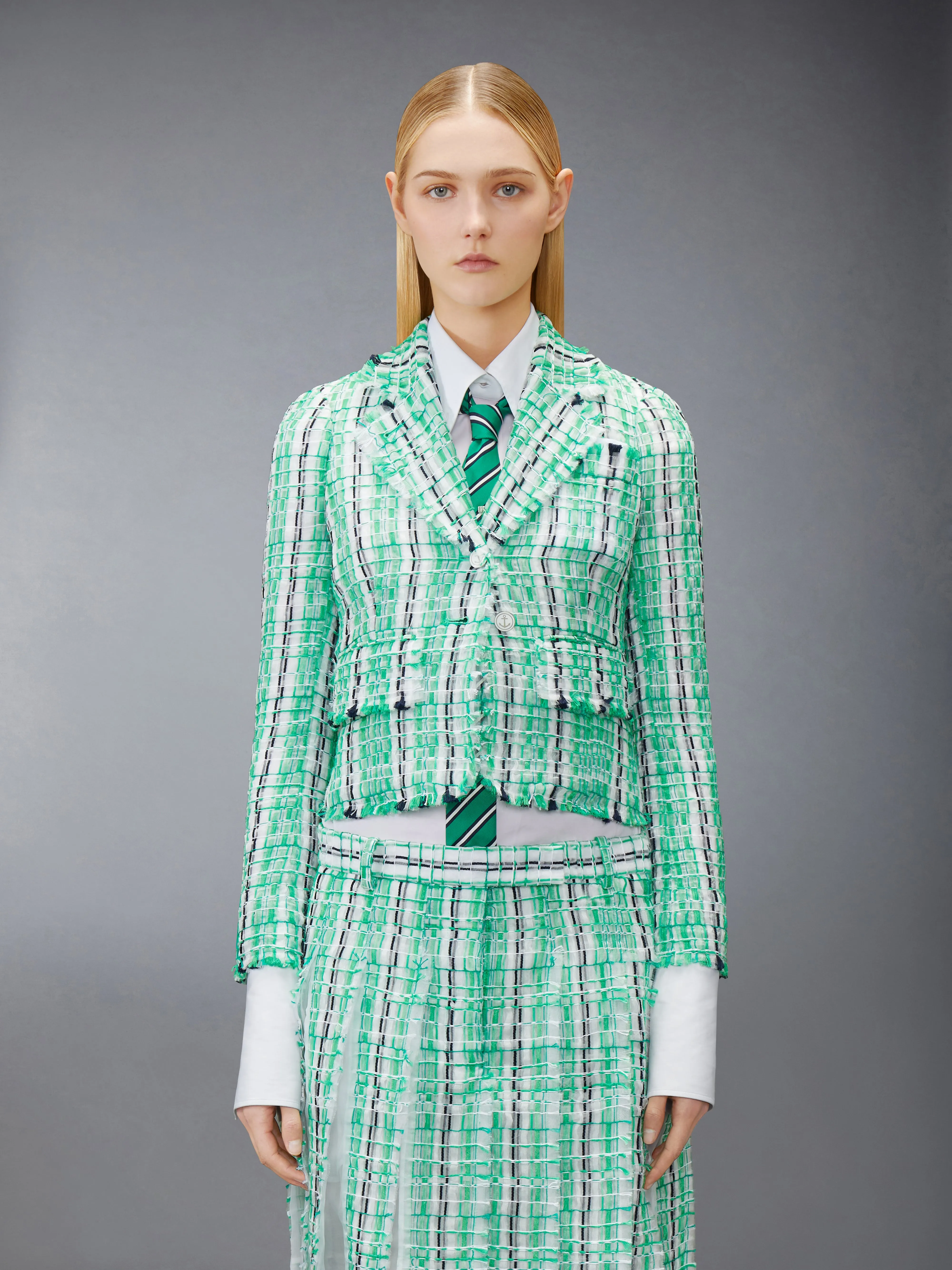 STRIPED SHEER TWEED CROPPED JACKET sold by Thom Browne