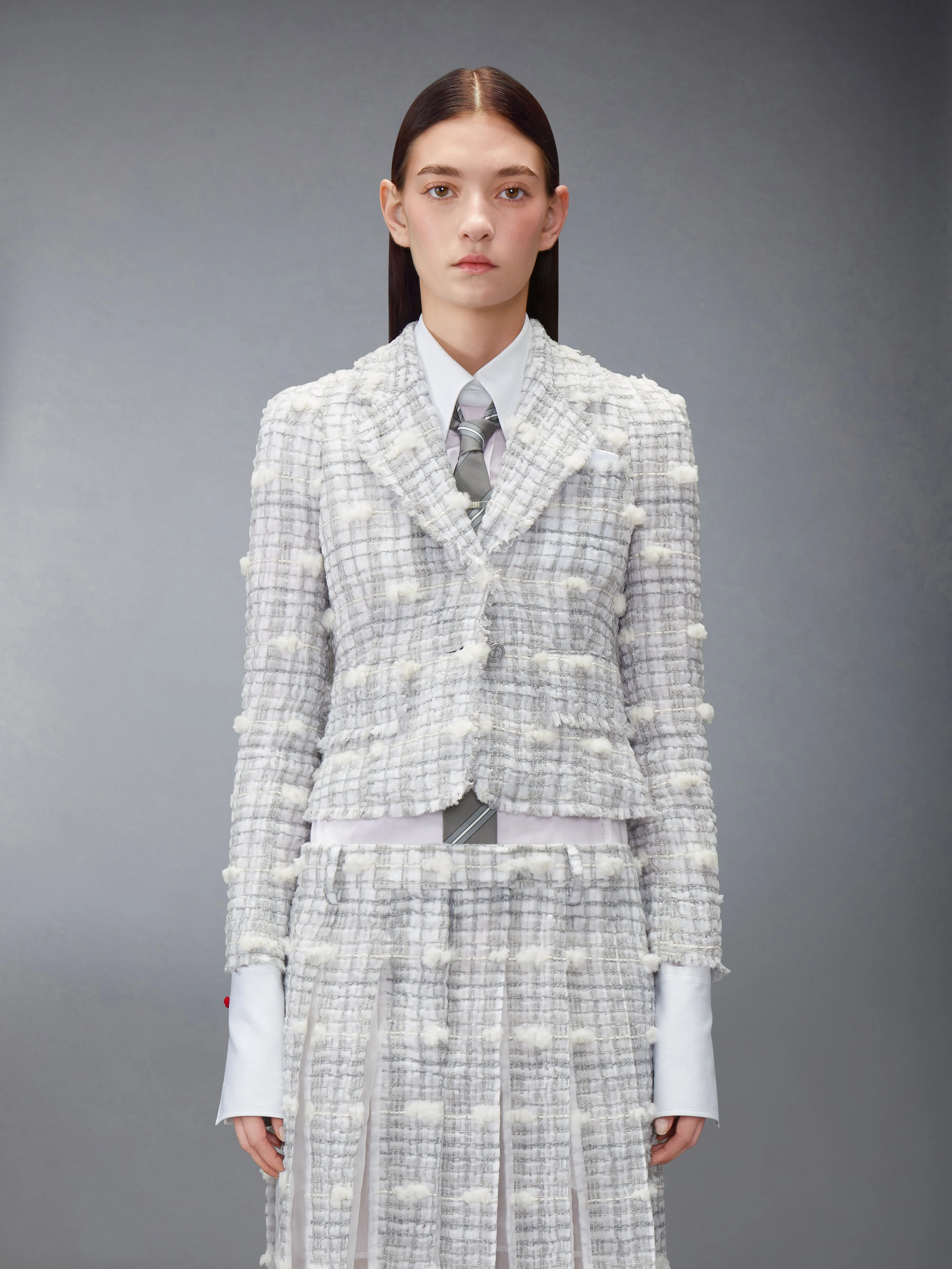 REPP STRIPE POUF TWEED CROPPED JACKET sold by Thom Browne