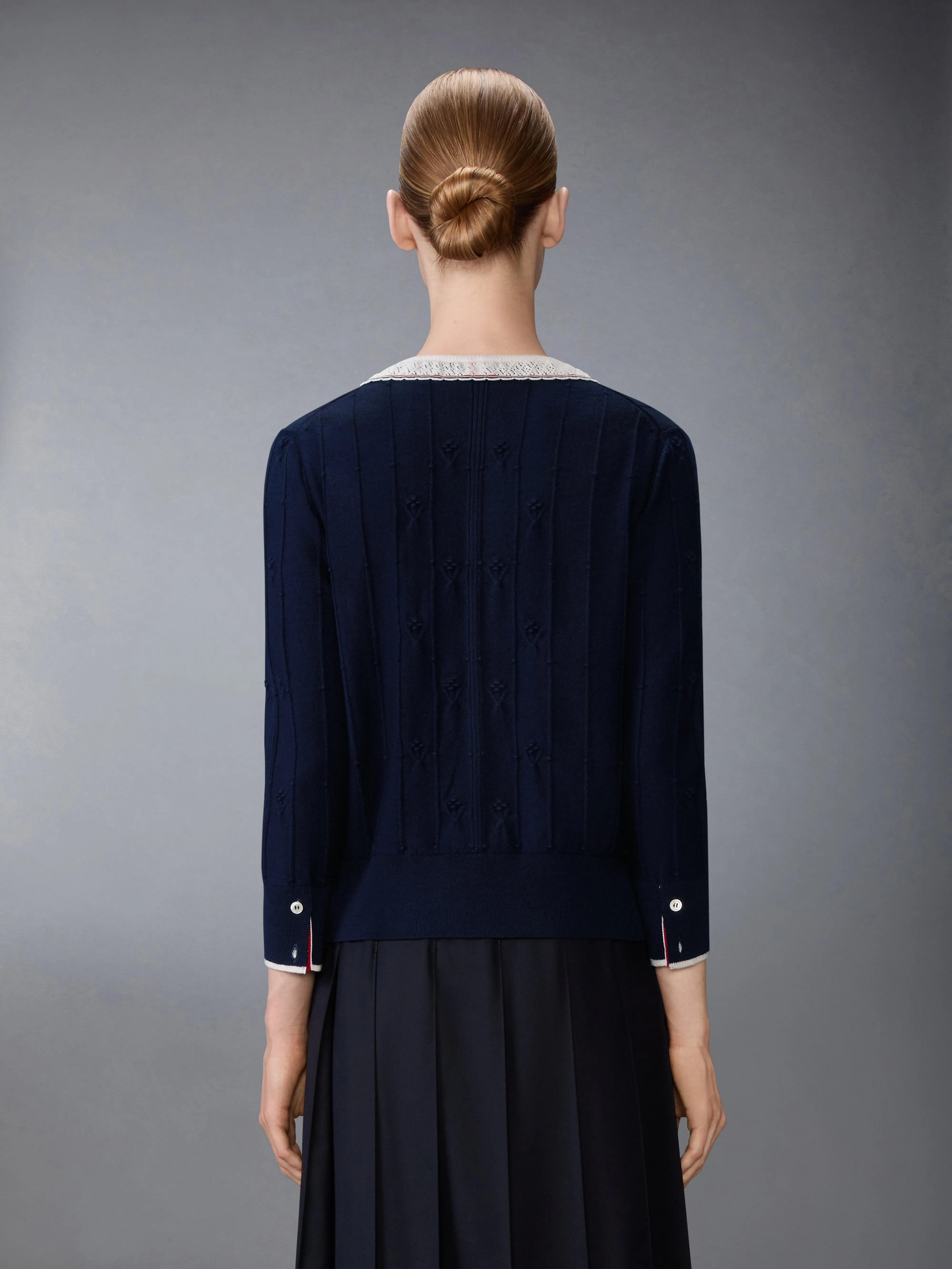 MERINO WOOL BOBBLE STITCH LACE TRIM CARDIGAN sold by Thom Browne product image thumbnail 2