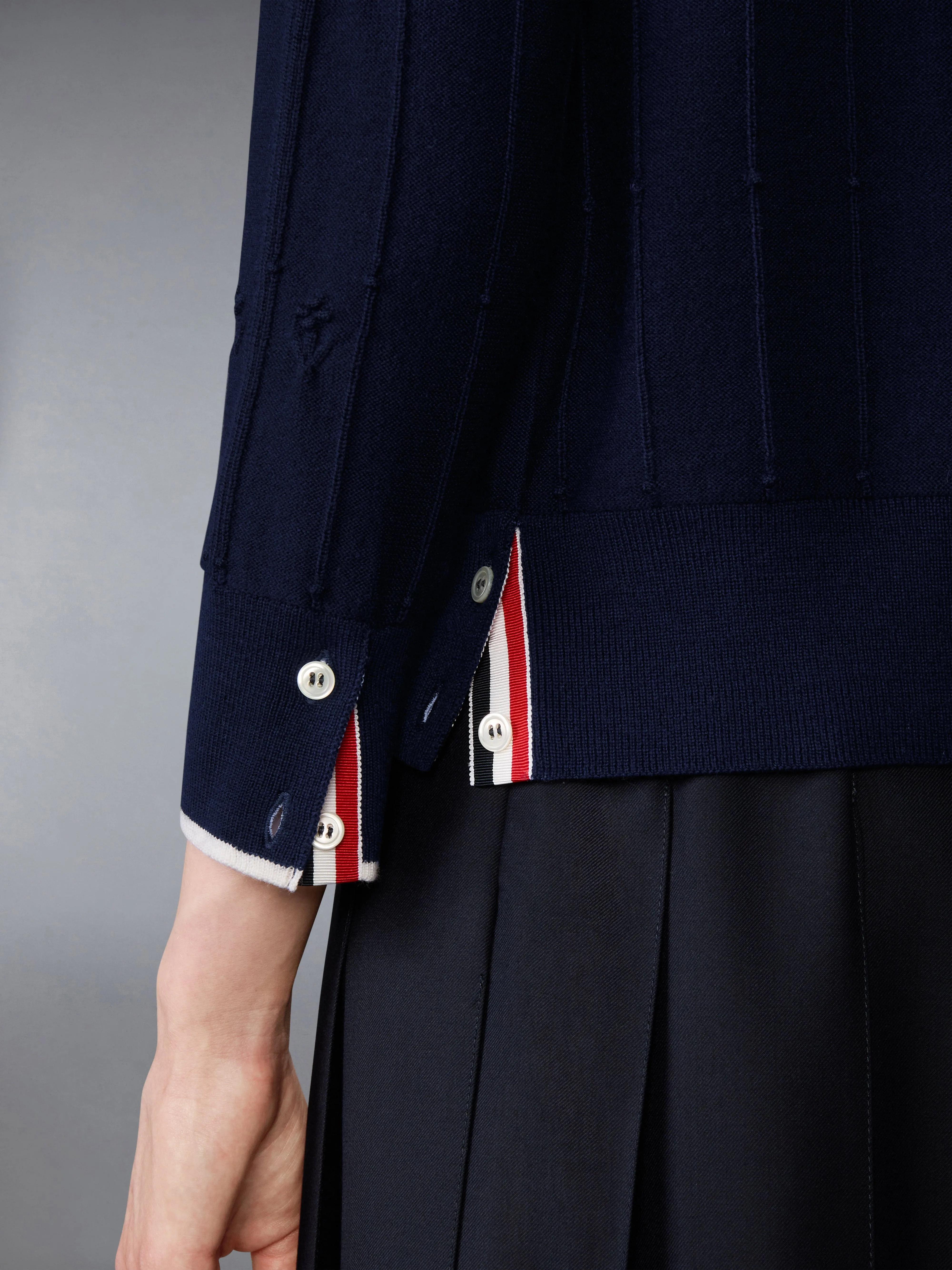 MERINO WOOL BOBBLE STITCH LACE TRIM CARDIGAN sold by Thom Browne product image thumbnail 4