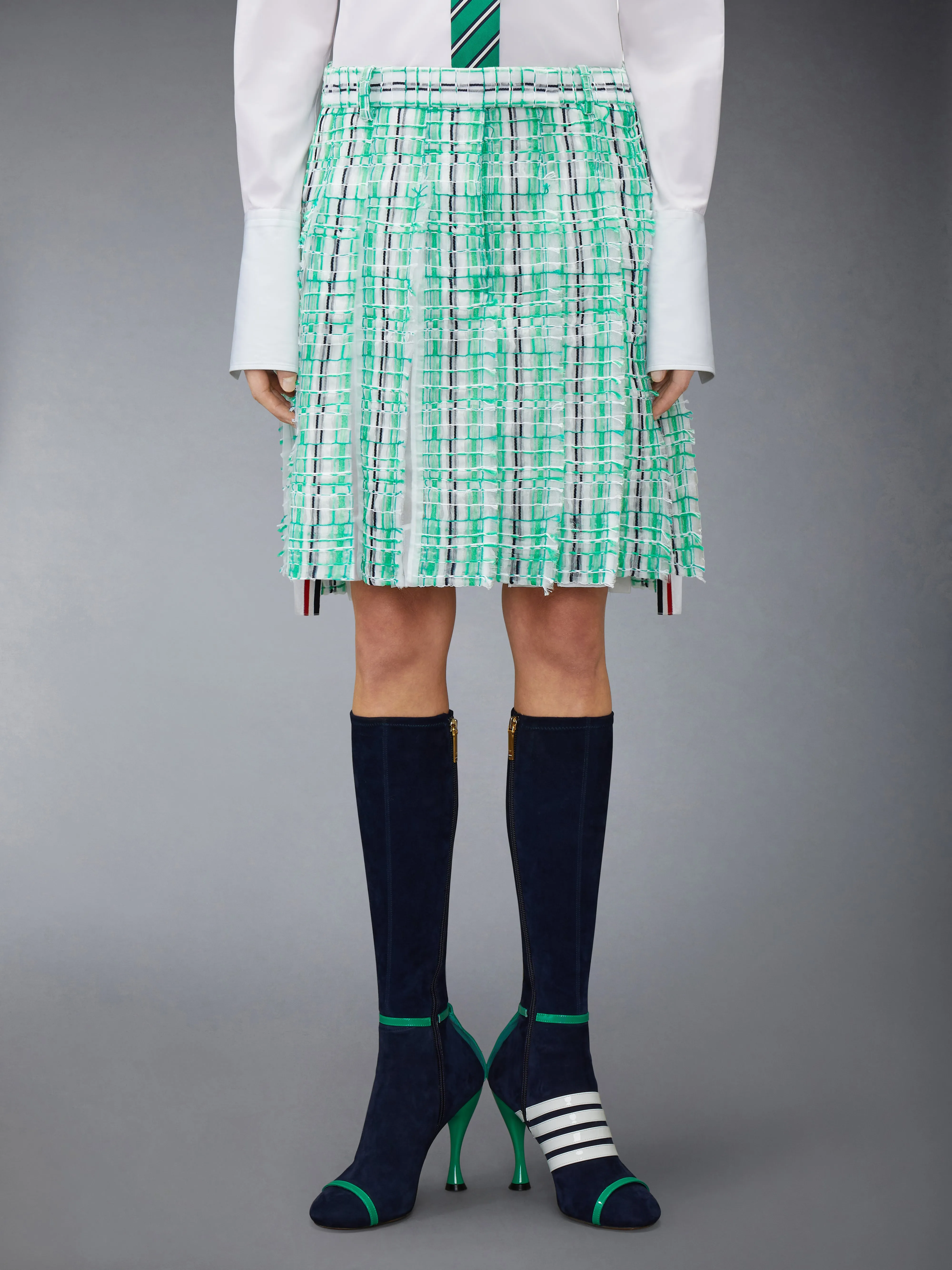 STRIPED SHEER TWEED LOW RISE PLEATED SKIRT sold by Thom Browne